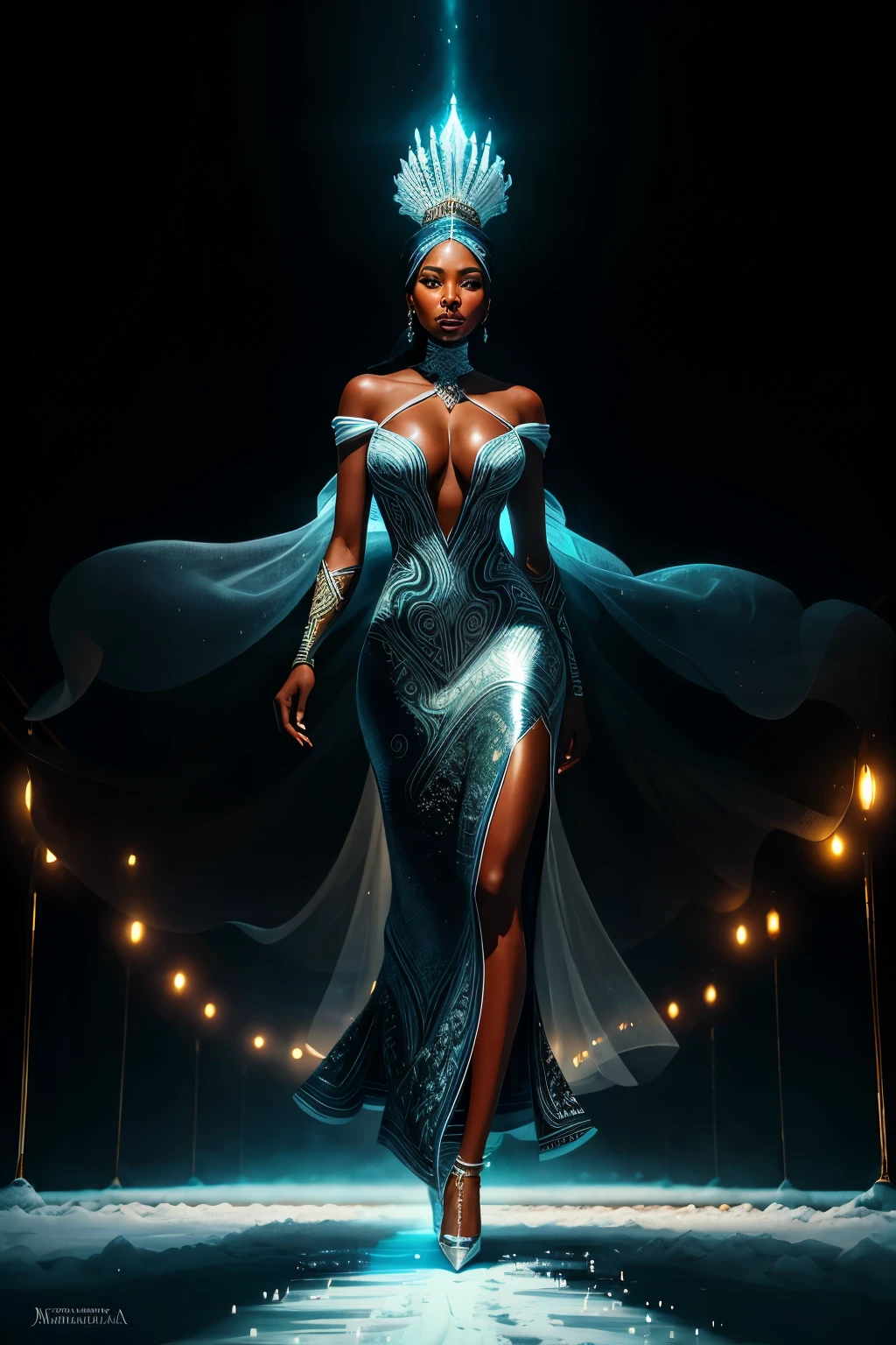 In the heart of a frozen winter landscape, a black melanin woman model gracefully struts on an empty runway, bathed in the ethereal glow of fluorescent long bulbs that cast a light blue and white color grading over the scene. The ice cubes falling gently from the sky adds a surreal touch to the cinematic setting, creating a mesmerizing artgerm-style image. Dressed in a stunning white African-designed gown, the woman's every move exudes confidence and elegance. The crowd, unseen but for their enthusiastic cheers, echoes through the silent air, adding a sense of excitement to the unfolding spectacle. Intricately detailed