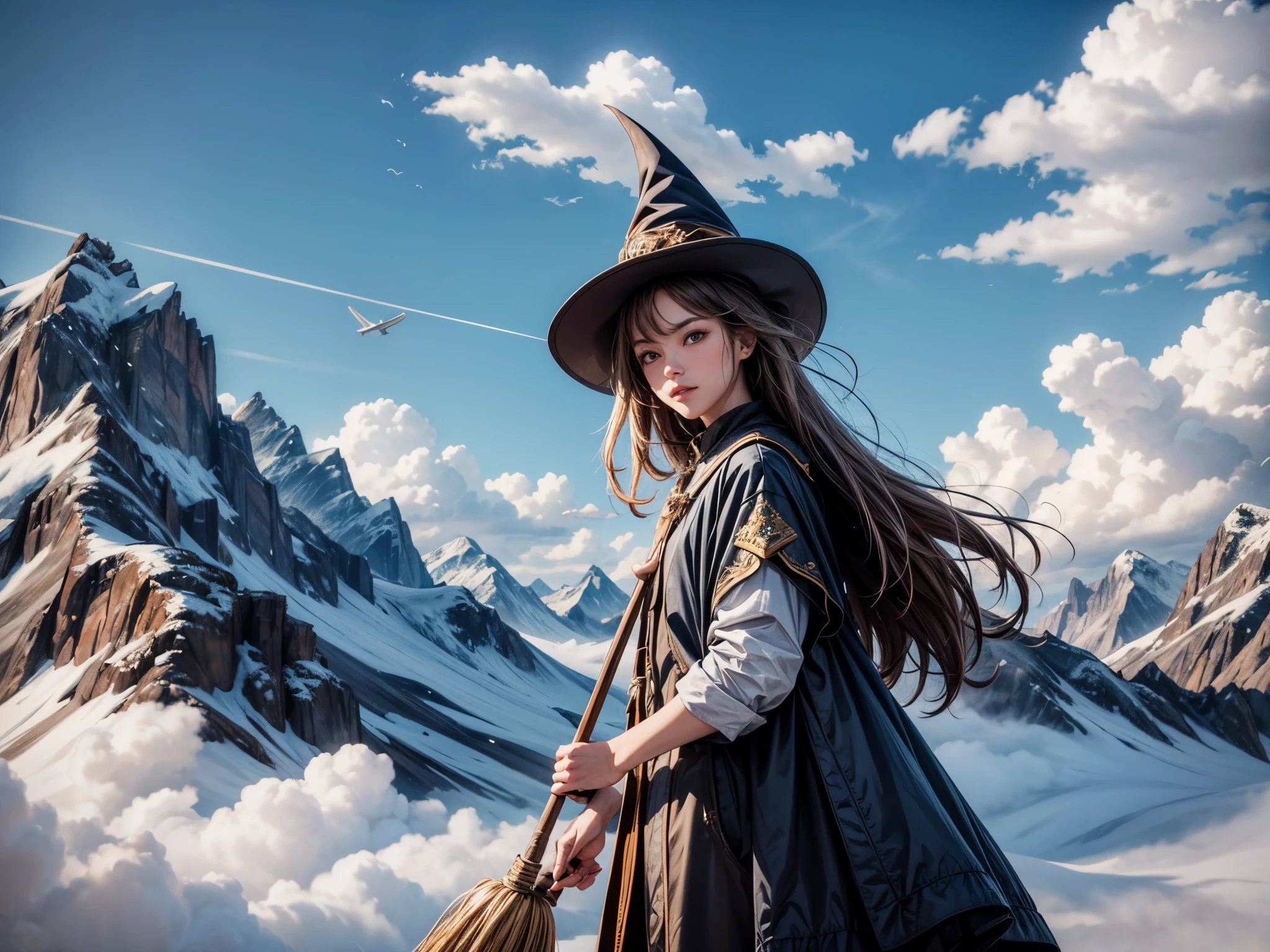 Flying broom race, against the backdrop of the vast sky and distant mountains, several wizards are flying through the clouds on flying broomsticks.