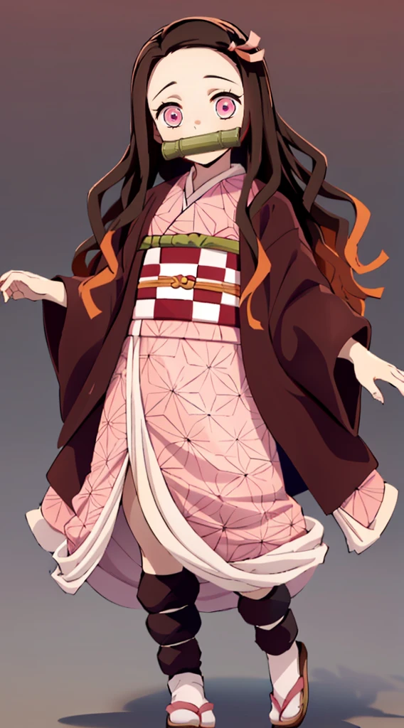 Masterpiece, best quality, high resolution, venus1, 1girl, solo, kamato nezuko, bamboo, brown hair, (((pink ribbon)) checkered belt, gag, gag, gradient hair, haori, japanese clothes, kimono, long hair, looking at the audience, pink eyes, pink kimono, pink ribbon, solo, full body