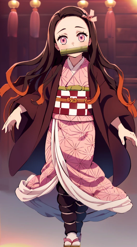 Masterpiece, best quality, high resolution, venus1, 1girl, solo, kamato nezuko, bamboo, brown hair, (((pink ribbon)) checkered belt, gag, gag, gradient hair, haori, japanese clothes, kimono, long hair, looking at the audience, pink eyes, pink kimono, pink ribbon, solo, full body