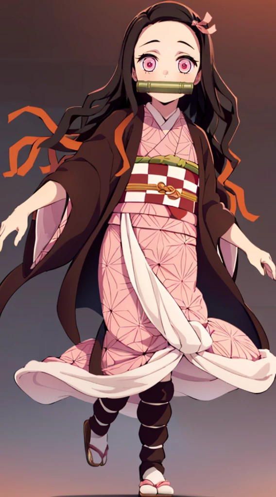 Masterpiece, best quality, high resolution, venus1, 1girl, solo, kamato nezuko, bamboo, brown hair, (((pink ribbon)) checkered belt, gag, gag, gradient hair, haori, japanese clothes, kimono, long hair, looking at the audience, pink eyes, pink kimono, pink ribbon, solo, full body