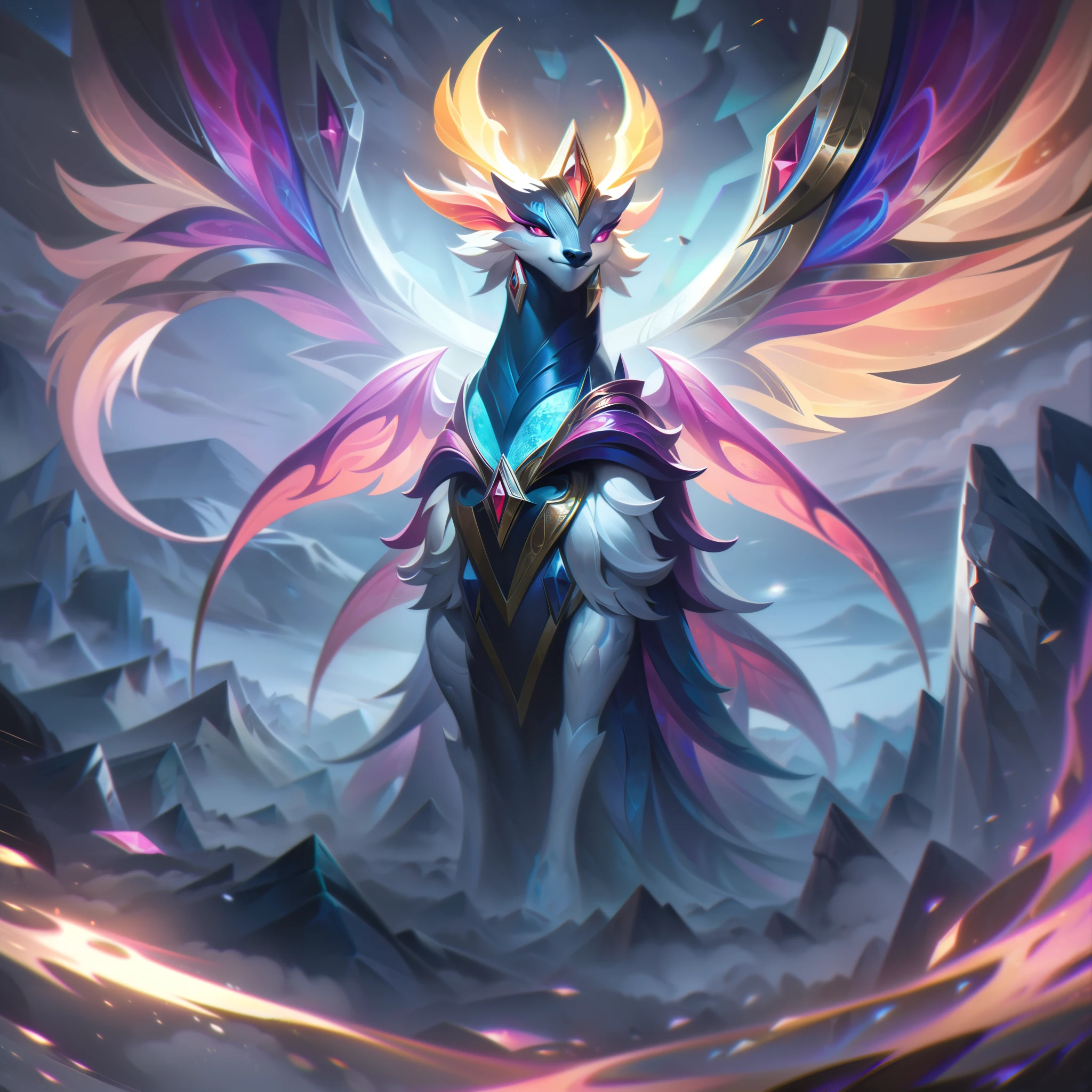 The base splash art of "Lady Emprekyara, the Weather Warden" captures the essence of this mystical and powerful champion. Standing amidst a stunning and serene natural landscape, Emprekyara exudes a regal and commanding presence.

Her appearance reflects her elemental nature, with swirling patterns of fire, ice, wind, and lightning adorning her attire. Emprekyara's eyes gleam with the brilliance of the weather's ever-changing moods, showcasing her deep connection to the forces of nature.

Her wings, an embodiment of the elements, unfurl majestically behind her, signifying her power as the Weather Warden. In her hand, she wields a magical staff, a conduit for her weather-manipulating abilities.

In the background, a diverse array of weather patterns surrounds Emprekyara, showcasing her dominion over the elements. Storm clouds, snowflakes, gusts of wind, and flames add to the atmosphere of her mastery.

The color palette is a captivating blend of elemental hues, with rich blues, fiery reds, and icy whites, creating a vibrant and awe-inspiring ambiance.