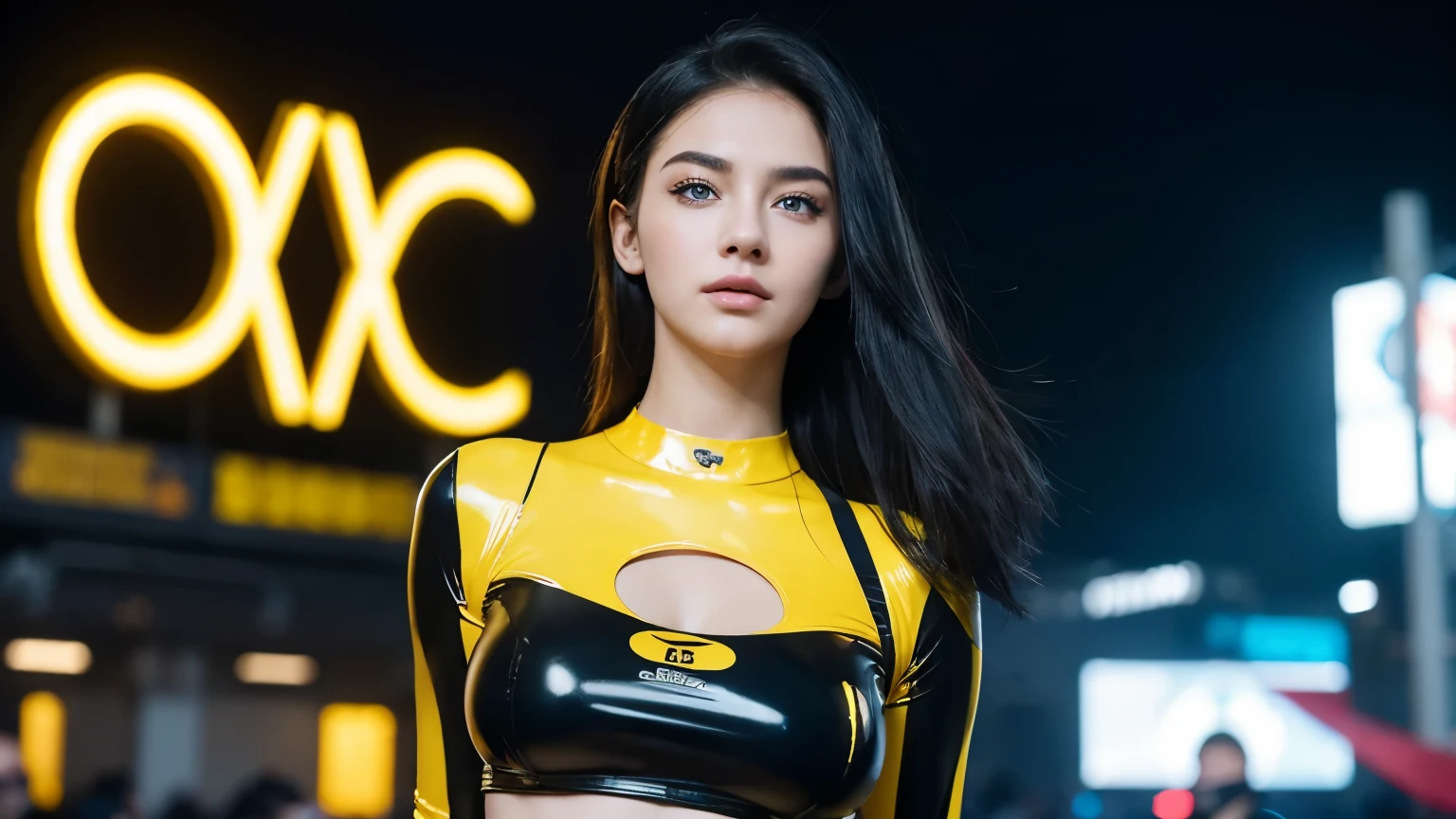 4K, A high resolution, Best quality at best, masterpiece, perfect colors, perfect shadow, perfect litthing, ((sportrait)), 1woman, fit-muscled body, bright yellow eyes,dark blue hair , blue eyes, With round lenses, The audience watched carefully, (s face: 1.2), Perfect female figure, ((standing)), (( yellowTight crop top yellow latex suit)), ((shy and looking at viewert)), (Perfect thick white eyebrows) Delicate fur, 详细s face, s the perfect face, At a fantasy cyberpunk city , (model pose standing), energetic background, perfect city skyscape, lighting atmosphere, ((Bonifasko lighting)), (The round lenses on his eyes)(詳細な目), Perfect student, face close up