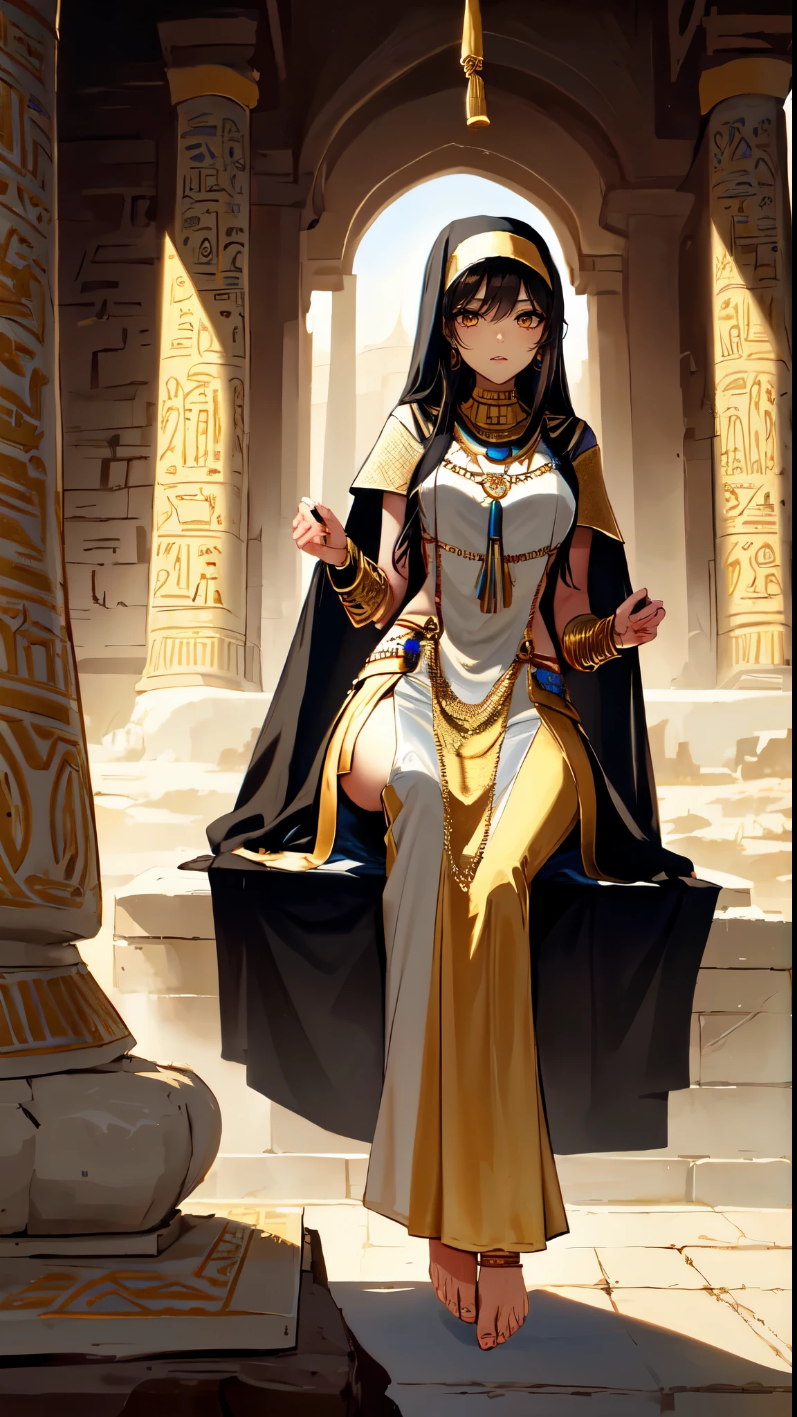 (sitting position:2.0)(brown skin：2.0)same character，long black hair,Standing close-up,civilization,Mature beauty,Long narrow eyes,wheat colored skin,Qi bangs,golden eyes,(eye shadow,makeup feel),Ancient Egyptcivilization,Oasis background,(The Nile,Nile River,Epic feeling),A wide range of jewelry,(Style white long skirt,priestess dress,veil),necklace,her wheat-colored skin,Exotic,barefoot,Gemstone anklets,Detailedly drawn backgrounds