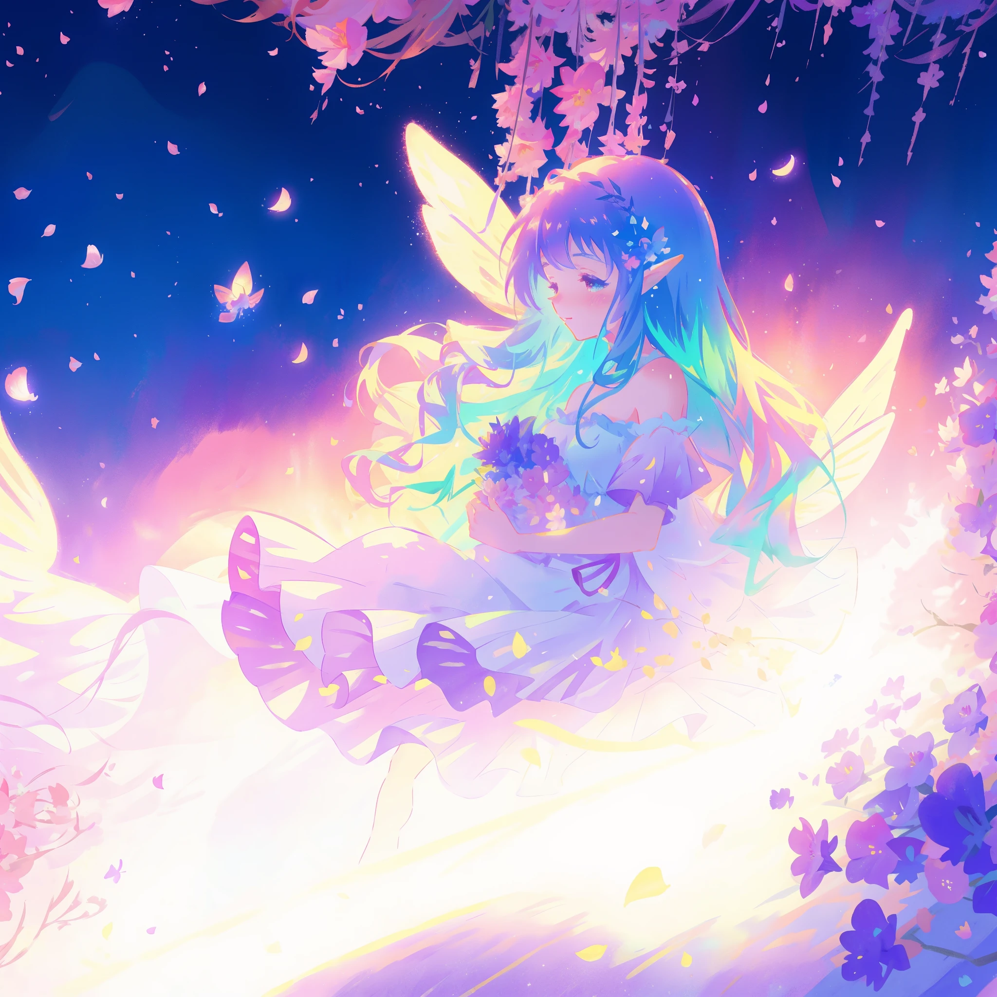 close up of a beautiful fairy girl in tiered gradient ballgown dress, gradient colorful dress, ((layered flower petal skirt)), fairy dress, fairy queen, magical fantasia background, (glowing fairy wings), glowing flowing ballgown, long wavy hair, sparkling fairy wings, watercolor illustration, inspired by Glen Keane, inspired by Lois van Baarle, disney art style, jen bartel, beautiful digital illustration, beautiful, masterpiece, best quality, anime disney style