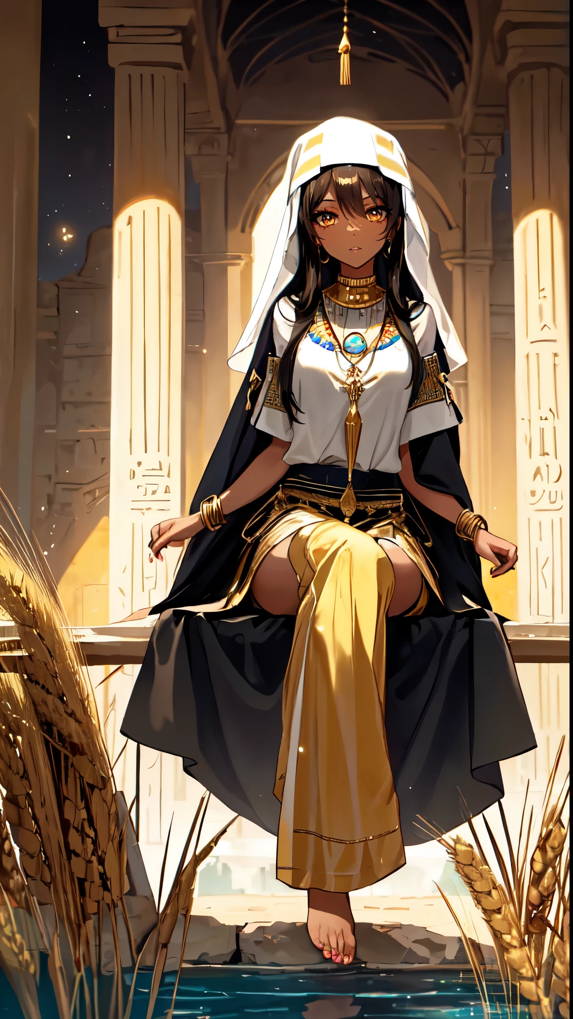 (sitting position:2.0)(brown skin:2.0)same character,long black hair,Standing close-up,civilization,Mature beauty,Long narrow eyes,wheat colored skin,Qi bangs,golden eyes,(eye shadow,makeup feel),Ancient Egyptcivilization,Oasis background,(The Nile,Nile River,Epic feeling),A wide range of jewelry,(Style white long skirt,priestess dress,veil),necklace,her wheat-colored skin,Exotic,barefoot,Gemstone anklets,Detailedly drawn backgrounds