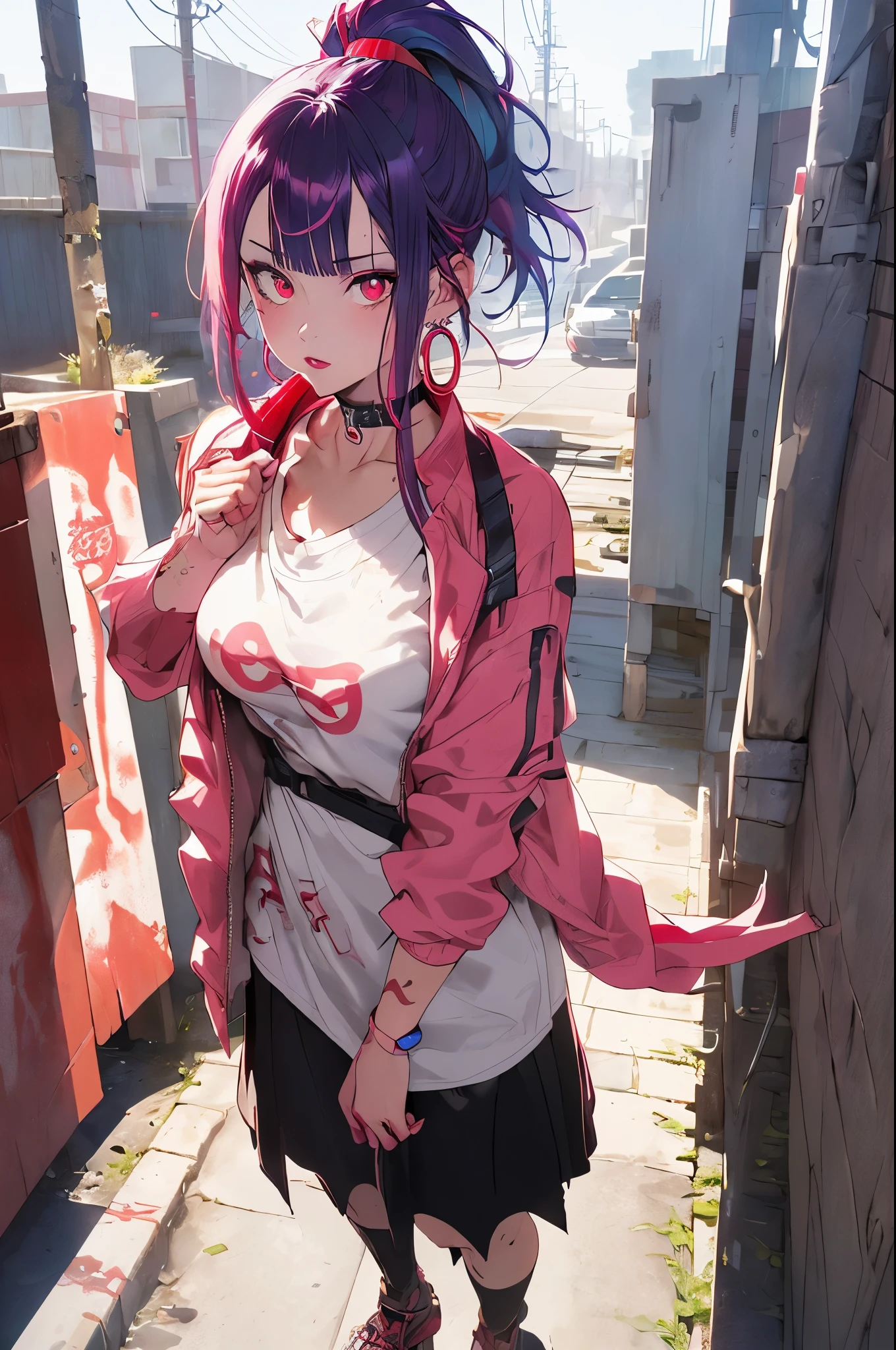 hair above one eye, red eyes, clear eyes, choker, Neon Shirt, torn legwear, open jacket, towards the wall, brick wall, graffiti, shineing grafiti, shineing tattoos, shine, neon light, Black light,anime style, movieポートレート写真, 1 female, 22 years ago, Full body Esbian,Blue eyes background, big and full breasts, anger, (scarlet colored hair), long hair, purple eyes, wearing a short black dress, (natural skin texture vivid details, surreal, (realistic detailed eyes, natural skin texture, realistic facial details), soft and dramatic lighting, Depth of written boundary, Bokeh, vivid details, surreal, 35mm movie, hazy blur, movie,lipstick, ear piercing, eye shadow, hoop earrings, Red-pink lips, 多色のred eyes, purple theme,,Wear an iridescent aura,beautiful eyes,stand in front of the red gate、shrine,Jingumae,bold pose、decide on a pose,upper ponytail,hanging bangs