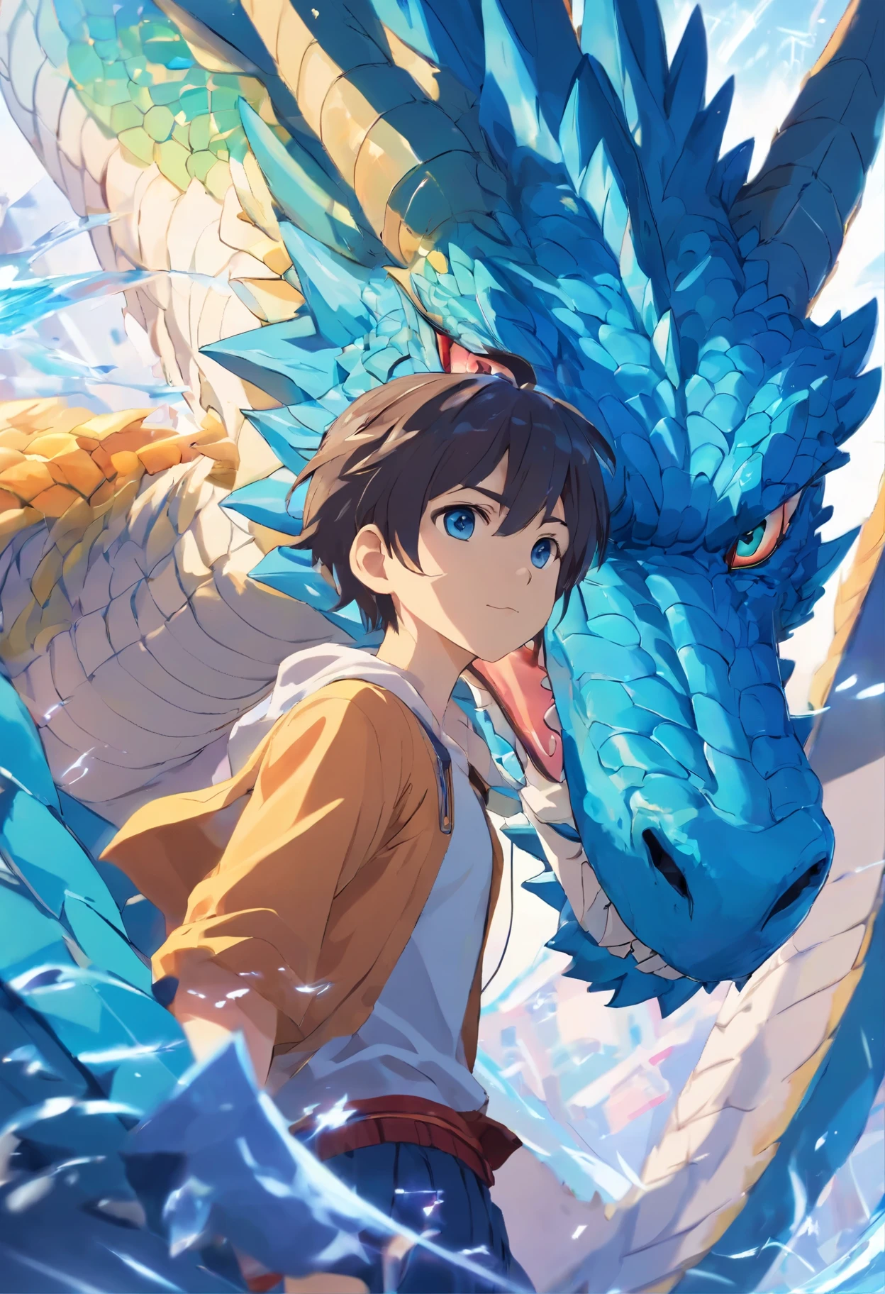 Close-up of a dragon with a large head,Blue-eyed White Dragon Tenryu,Huge dragon background,yugioh art style,Legendary Dragon,colossal dragon in background,Crystal Dragon,yugioh card,sliver ice color reflected armor。