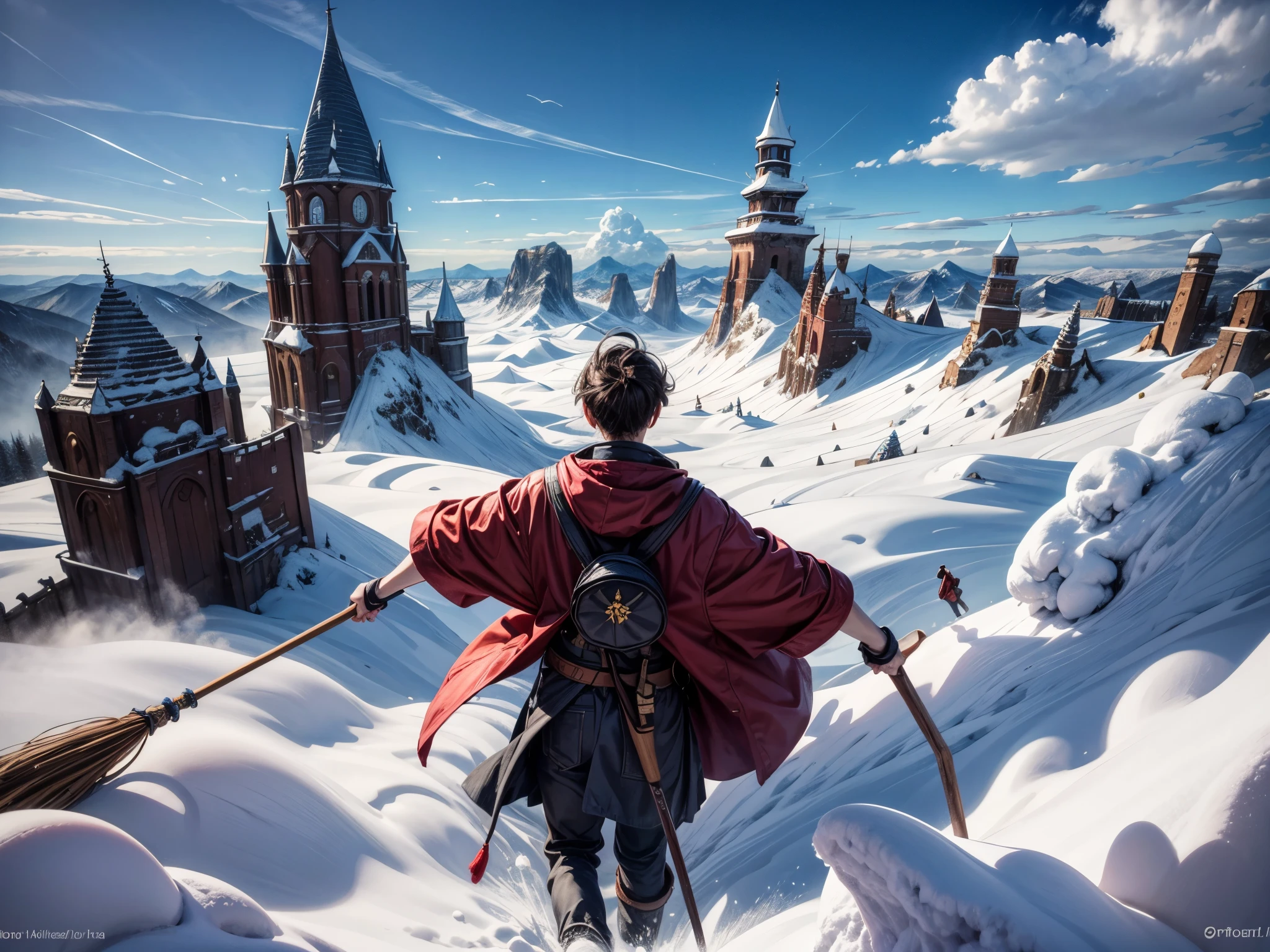 Flying broom race, against the backdrop of the vast sky and distant mountains, several wizards are ((flying through the clouds)) on flying broomsticks.