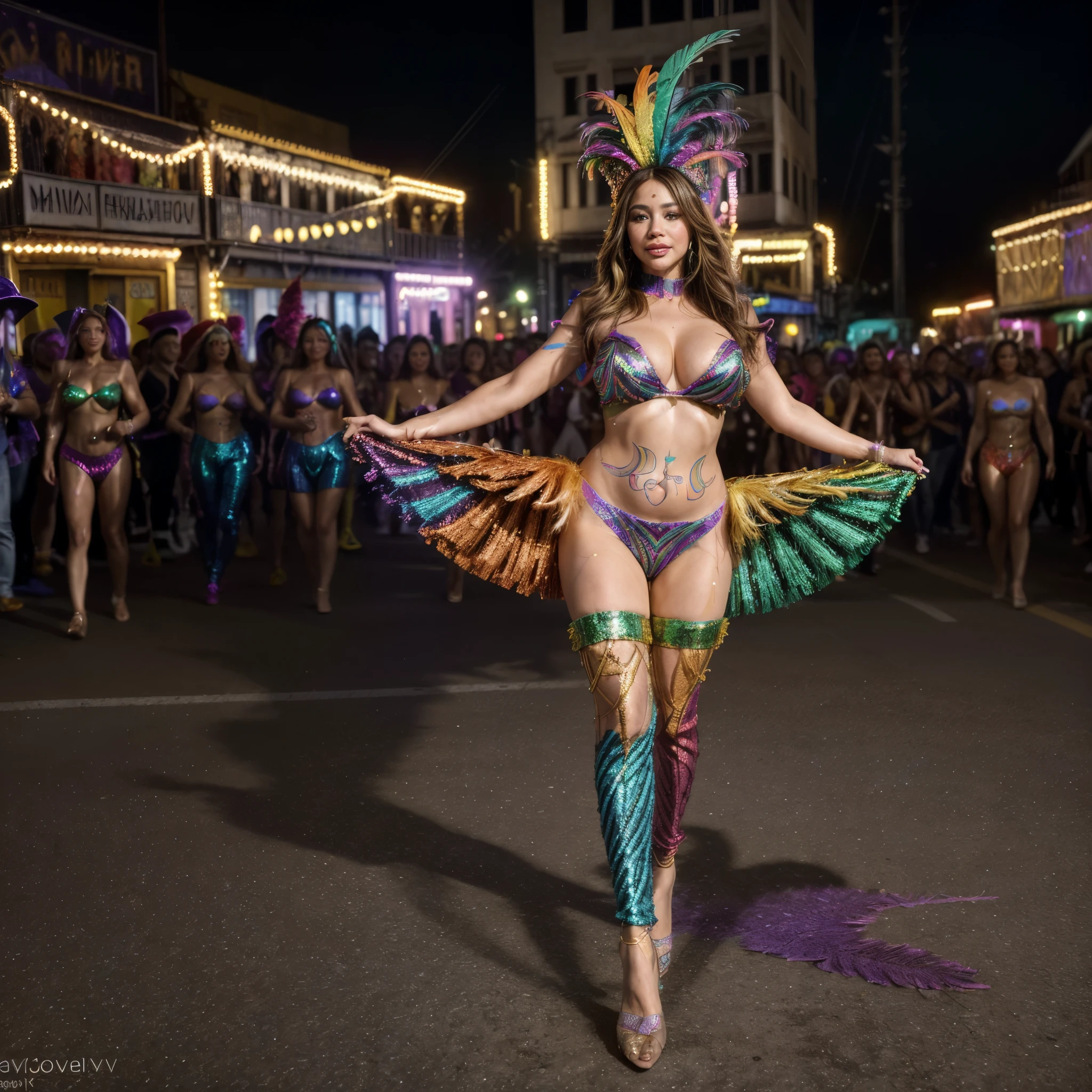 (multiple subjects)(complex details)(a very high quality,4k,8k,highres,masterpiece:1.2), ultra-detailed, realistic, photorealistic:1.37, HDR, UHD, studio lighting, extreme detail description, professional, vivid colors, bokeh, Actress: (sofia vergara (age 25)), (dressed for carnavale, small outfit, body paint, sequins, bright colorful feathers) strutting and dancing by the viewer as she makes her way down the street in the carnival celebration, large crowd, lots of dancers, full body, show her from head to toe, show her entire body,