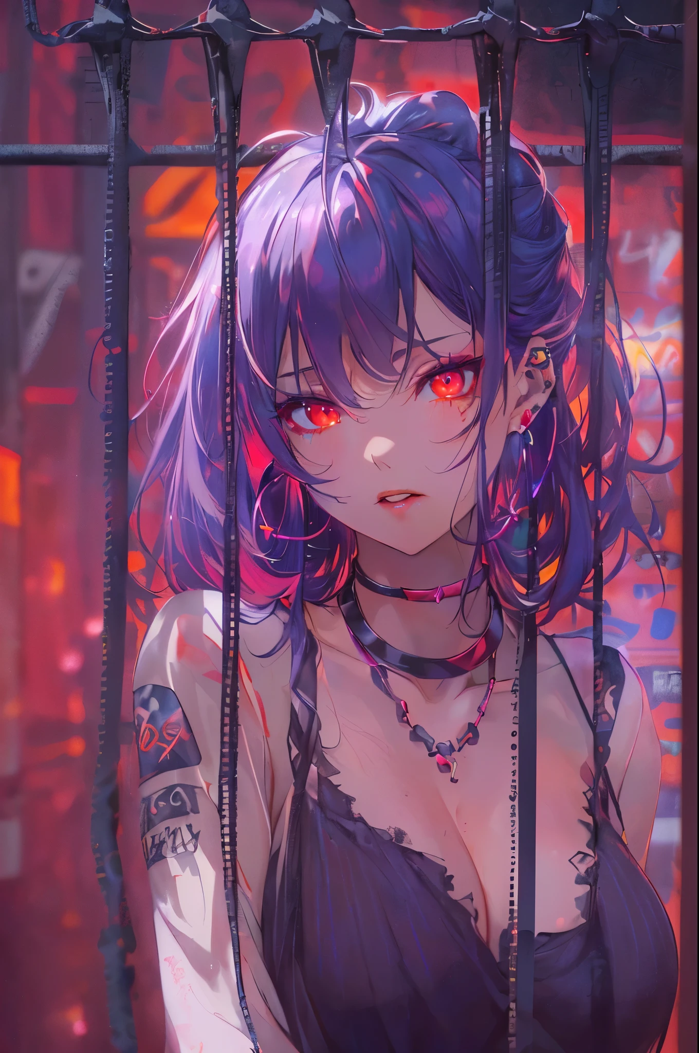 hair above one eye, red eyes, clear eyes, choker, Neon Shirt, torn legwear, open jacket, towards the wall, brick wall, graffiti, shineing grafiti, shineing tattoos, shine, neon light, Black light,anime style, movieポートレート写真, 1 female, 22 years ago, Full body Esbian,Blue eyes background, big and full breasts, anger, (scarlet colored hair), long hair, purple eyes, wearing a short black dress, (natural skin texture vivid details, surreal, (realistic detailed eyes, natural skin texture, realistic facial details), soft and dramatic lighting, Depth of written boundary, Bokeh, vivid details, surreal, 35mm movie, hazy blur, movie,lipstick, ear piercing, eye shadow, hoop earrings, Red-pink lips, 多色のred eyes, purple theme,,Wear an iridescent aura,beautiful eyes,stand in front of the red gate、shrine,Jingumae,bold pose、decide on a pose,upper ponytail,hanging bangs