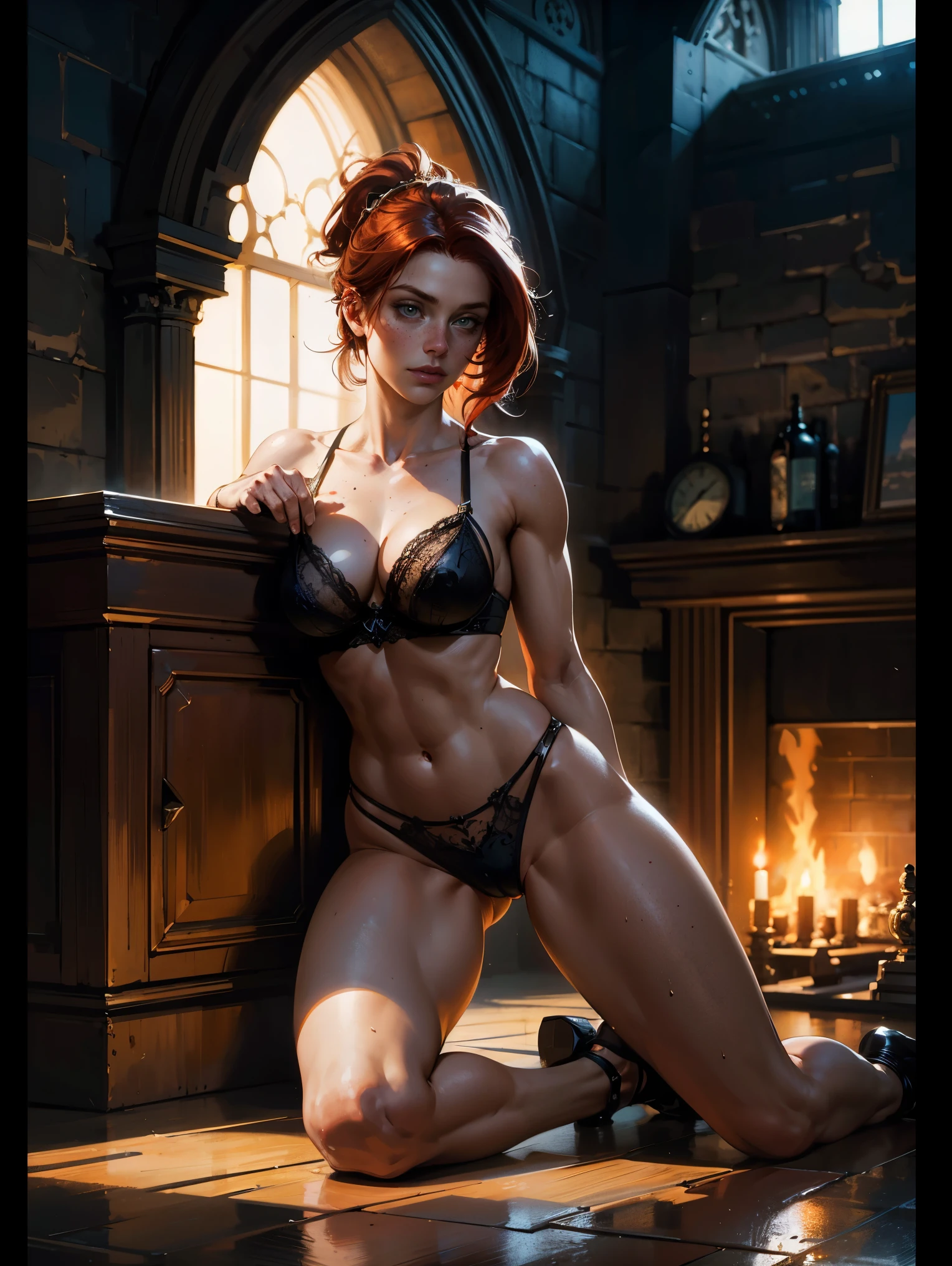 (whole body:1.5),beautiful detailed background, octane rendering, 8K, best quality, masterpiece, illustration, extremely delicate and beautiful, detailed,extremely detailed,CG,Unite,wallpaper,Astonishing, fine details, realistic art: 1.2 ,masterpiece, best quality, official art, extremely detailed CG Unite 8K wallpaper,1 girl, (((red hair in ponytail))), wearing fantastical skimpy victorian lingerie, dirty, wet clothes, green eyes, pretty symetrical face, oily wet skin, body, tanned skin, thin frame, freckles, thin waist, narrow hips, tight ass, large breasts, Realistic photos, (hiqcgbody) ,perfect female figure, medieval background with fireplace and grand mantel, dramatic backlighting, dark scene, single light source