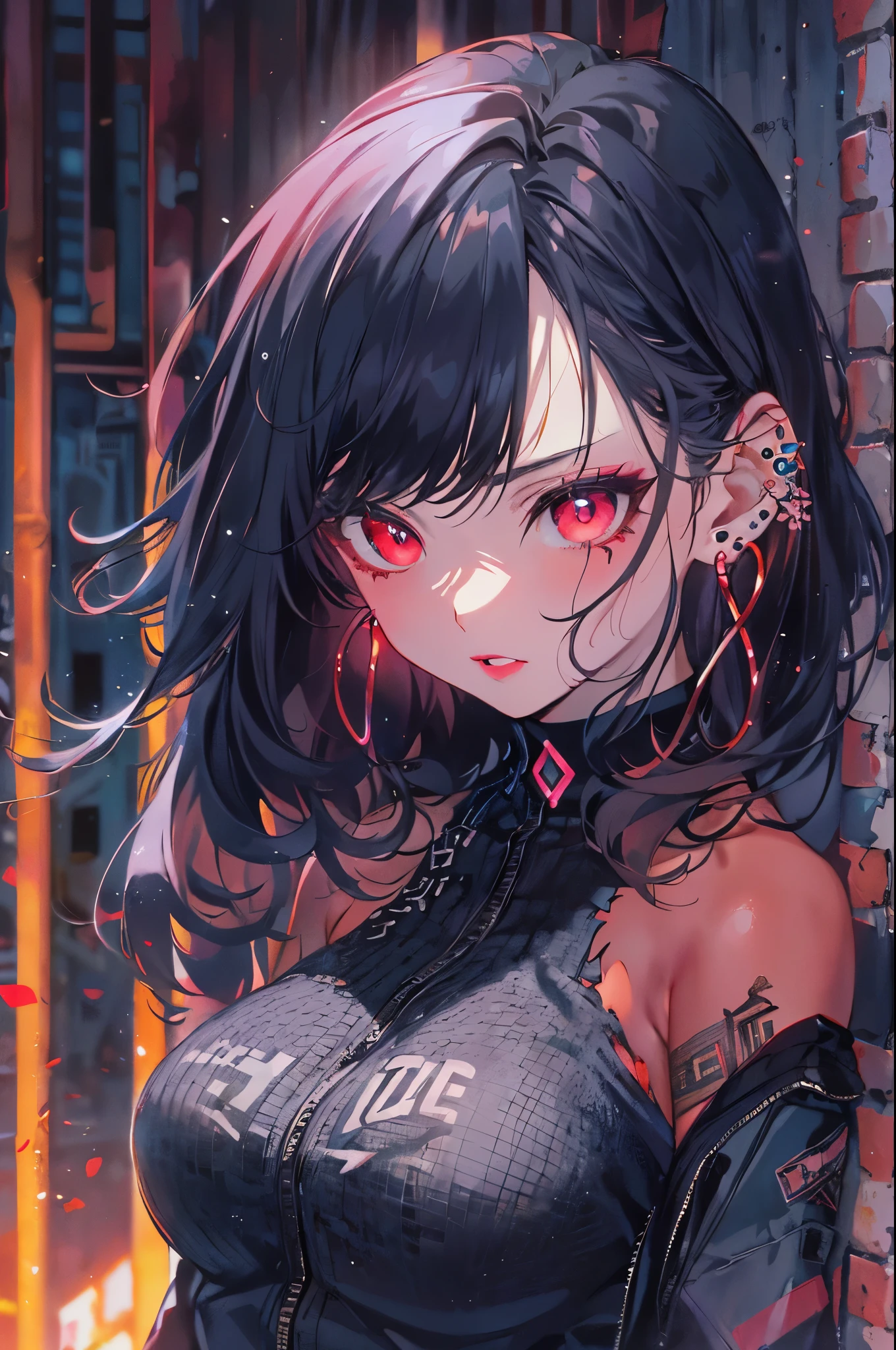 hair above one eye, red eyes, clear eyes, choker, Neon Shirt, torn legwear, open jacket, towards the wall, brick wall, graffiti, shineing grafiti, shineing tattoos, shine, neon light, Black light,anime style, movieポートレート写真, 1 female, 22 years ago, Full body Esbian,Blue eyes background, big and full breasts, anger, (scarlet colored hair), long hair, purple eyes, wearing a short black dress, (natural skin texture vivid details, surreal, (realistic detailed eyes, natural skin texture, realistic facial details), soft and dramatic lighting, Depth of written boundary, Bokeh, vivid details, surreal, 35mm movie, hazy blur, movie,lipstick, ear piercing, eye shadow, hoop earrings, Red-pink lips, 多色のred eyes, purple theme,,Wear an iridescent aura,beautiful eyes,stand in front of the red gate、shrine,Jingumae,bold pose、decide on a pose,upper ponytail,hanging bangs