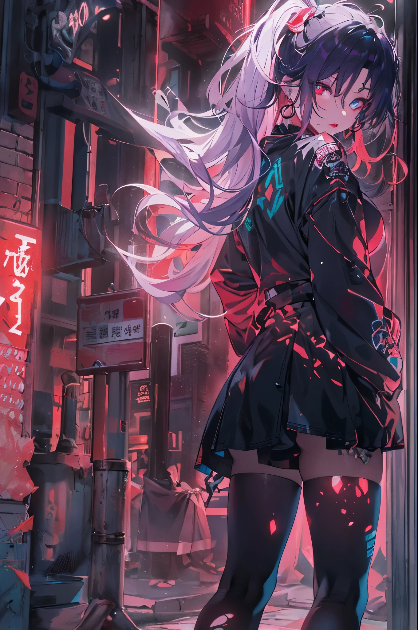 hair above one eye, red eyes, clear eyes, choker, Neon Shirt, torn legwear, open jacket, towards the wall, brick wall, graffiti, shineing grafiti, shineing tattoos, shine, neon light, Black light,anime style, movieポートレート写真, 1 female, 22 years ago, Full body Esbian,Blue eyes background, big and full breasts, anger, (scarlet colored hair), long hair, purple eyes, wearing a short black dress, (natural skin texture vivid details, surreal, (realistic detailed eyes, natural skin texture, realistic facial details), soft and dramatic lighting, Depth of written boundary, Bokeh, vivid details, surreal, 35mm movie, hazy blur, movie,lipstick, ear piercing, eye shadow, hoop earrings, Red-pink lips, 多色のred eyes, purple theme,,Wear an iridescent aura,beautiful eyes,stand in front of the red gate、shrine,Jingumae,bold pose、decide on a pose,upper ponytail,hanging bangs