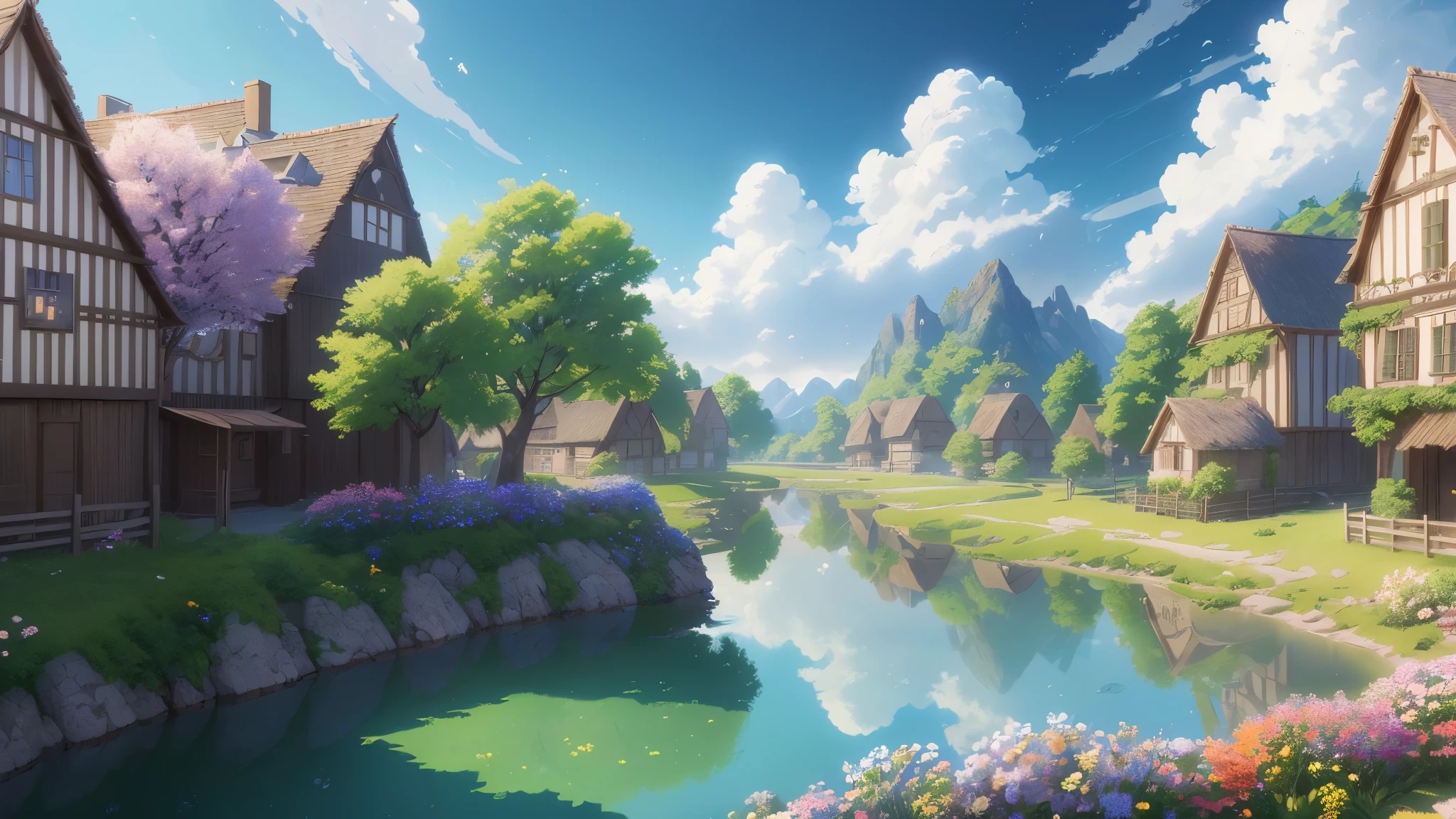 Masterpiece, best quality, (very detailed CG unity 8k wallpaper) (best quality), (best illustration), anime, village, flowers, blue sky, --v6