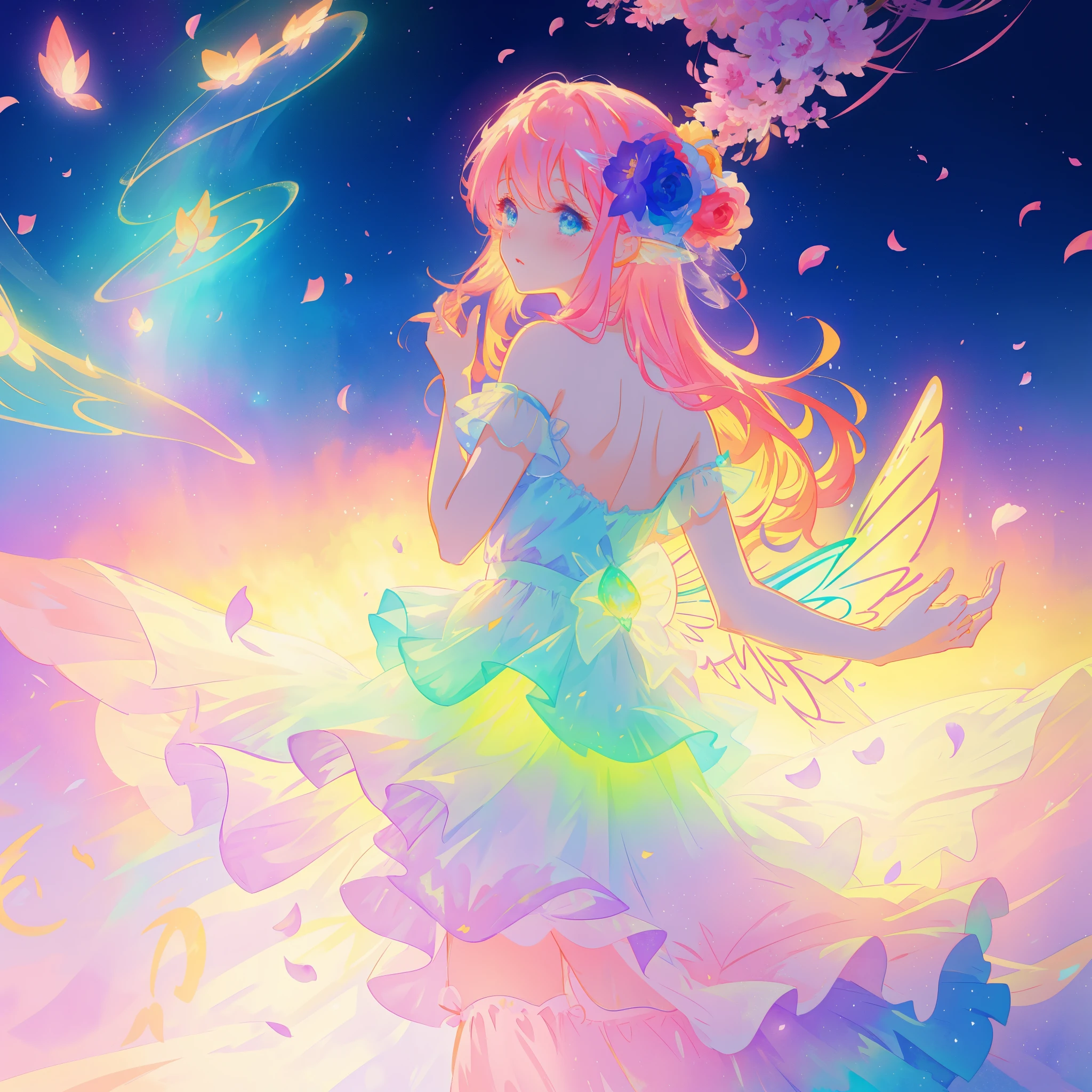 beautiful girl in tiered gradient ballgown dress, gradient colorful dress, ((layered flower petal skirt)), fairy dress, fairy queen, magical fantasia background, (glowing fairy wings), glowing flowing ballgown, long wavy hair, sparkling fairy wings, watercolor illustration, inspired by Glen Keane, inspired by Lois van Baarle, disney art style, jen bartel, beautiful digital illustration, beautiful, masterpiece, best quality, anime disney style