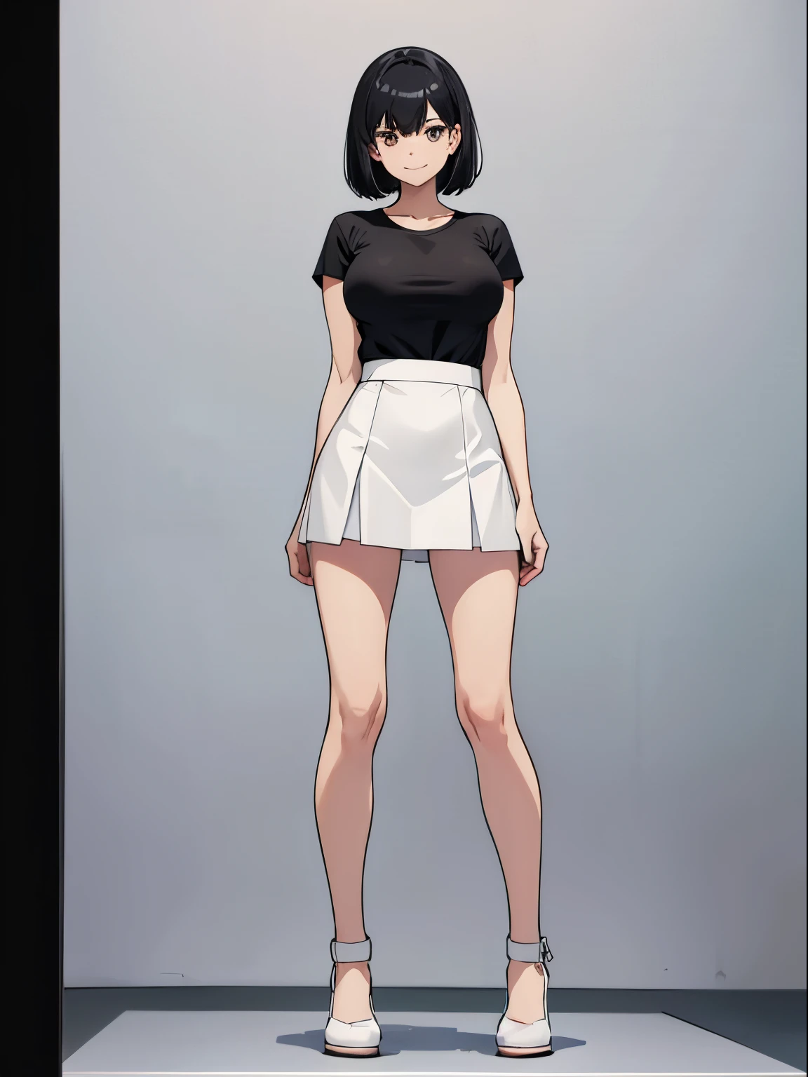 Two photos together,Tall,full,Good figure,Short sleeve white top,short skirt,standing posture,Smiling,black hair,whole body,Blank background