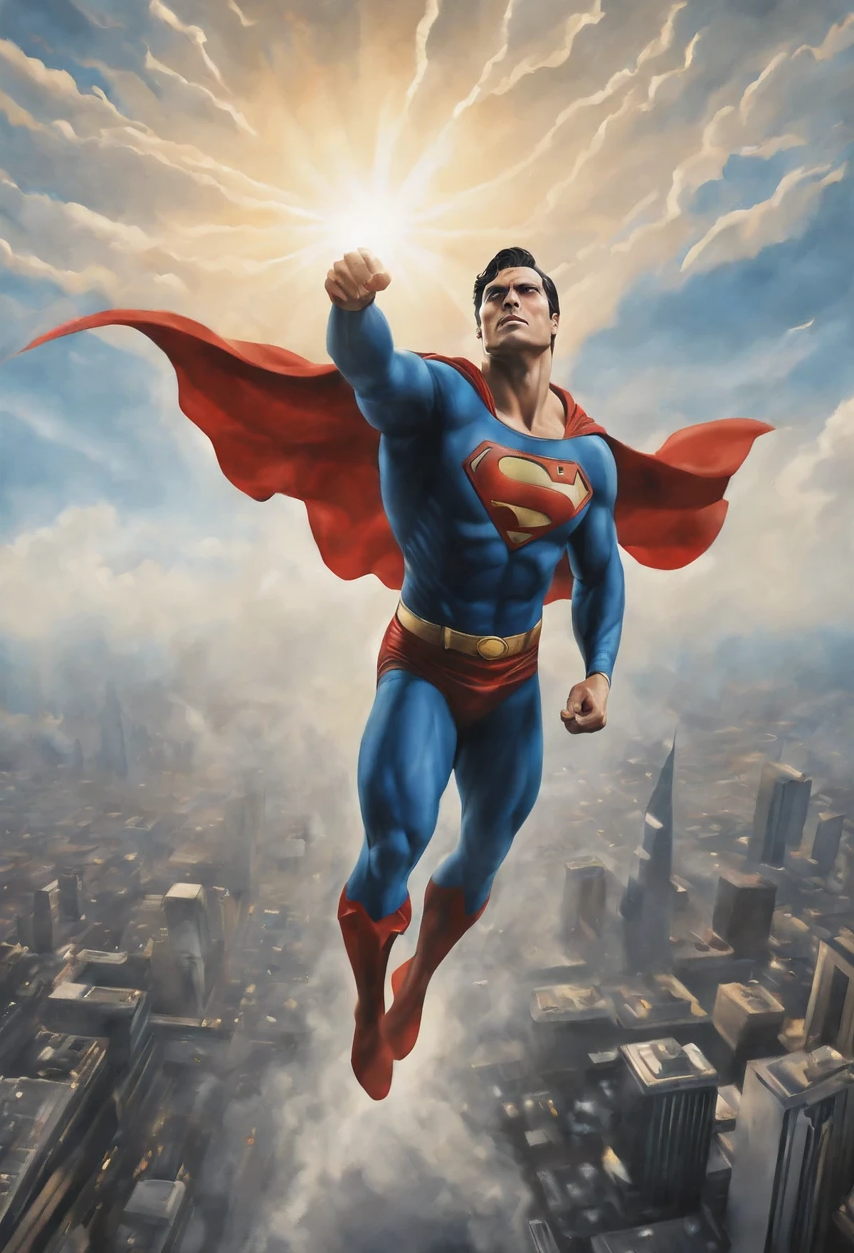 (best quality,4k,8k,highres,masterpiece:1.2),ultra-detailed,(realistic,photorealistic,photo-realistic:1.37),oil painting,Superman,flying in the sky,strength,heroic pose,vibrant colors,dynamic brushwork,highlights and shadows,metropolis skyline in the background,caped crusader,great power and responsibility,traditional art style,aurora borealis,surreal atmosphere,incredible strength,ripped muscles,rippling cape,emblem on the chest,straight, flowing hair,serious expression,dramatic lighting,grandiosity,explosive energy,superhuman strength,determination,golden sunbeam,sky-high altitude,powerful superhero,transcendent,superhuman abilities,defender of justice,parental figure,unyielding spirit,indomitable will,crime-fighting vigilante,legendary icon.