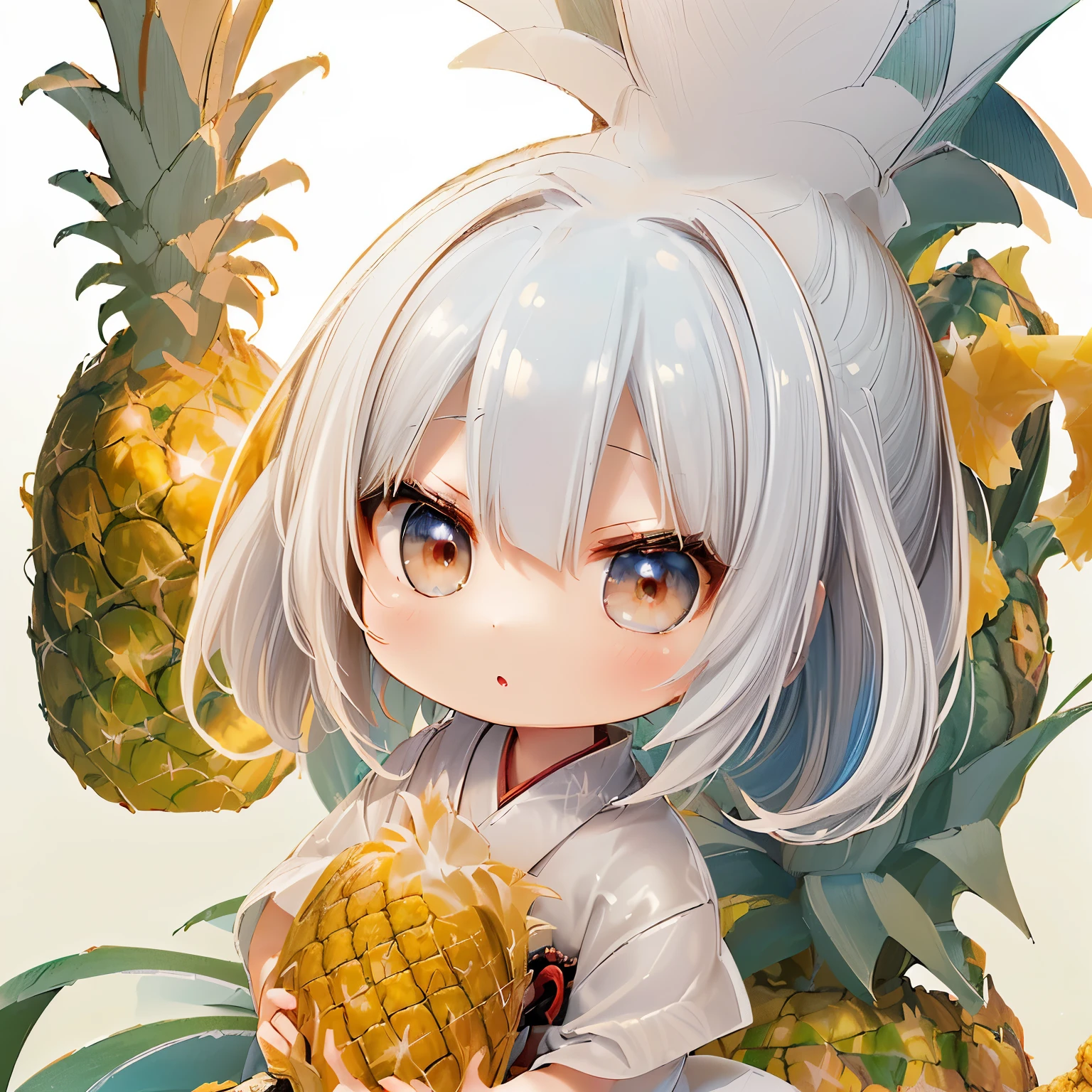 ((Chibi,pineapple,3DCG,official art,antique store background,one girl: 1.5)),(Masterpiece, almond-shaped eyes, glossy white-blue hair, short chignon hair, top quality, carefully drawn fingertips, beautiful anatomy : 1.4), (full body: 1.3), (Red cheeks, indifference, no expression, hair blowing in the wind: 1.2),(chibi wearing, Sengoku period village,warlord, samurai style, pineapple weapon, :1.5)