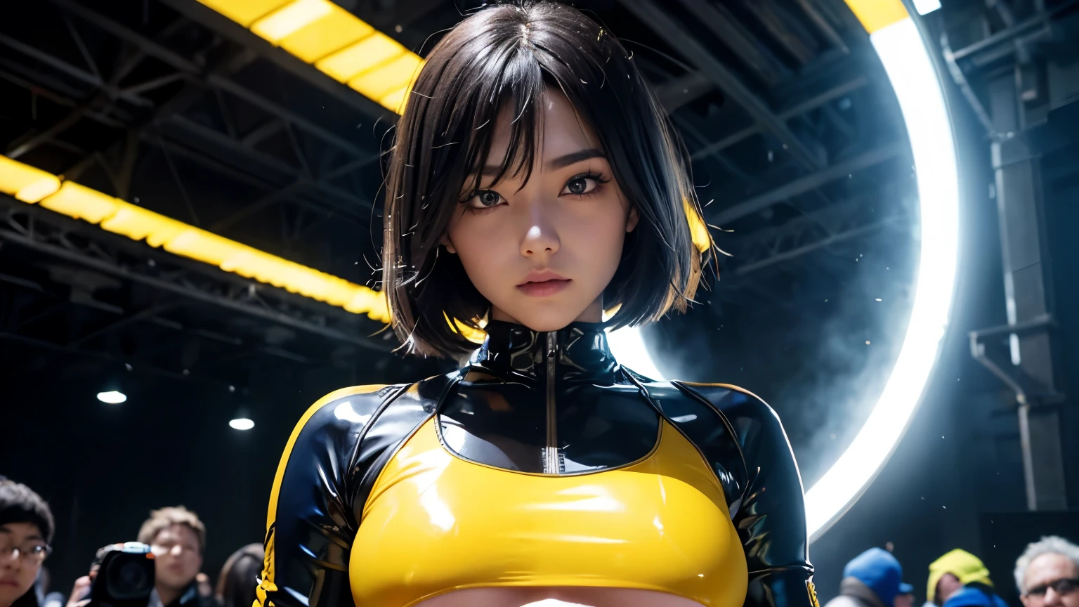 4K, A high resolution, Best quality at best, masterpiece, perfect colors, perfect shadow, perfect litthing, ((sportrait)), 1woman, fit-muscled body, bright yellow eyes,dark blue hair , blue eyes, With round lenses, The audience watched carefully, (s face: 1.2), Perfect female figure, ((standing)), (( yellowTight crop top yellow latex suit)), ((shy and looking at viewert)), (Perfect thick white eyebrows) Delicate fur, 详细s face, s the perfect face, At a fantasy cyberpunk city , (model pose standing), energetic background, perfect city skyscape, lighting atmosphere, ((Bonifasko lighting)), (The round lenses on his eyes)(詳細な目), Perfect student, face close up