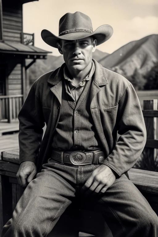 Analog camera, monochrome photography, American, Grainy photo, men&#39;s pictures, vintage photos, vintage images, 22 years old, Wild West Portrait Photography, cowboy male portrait, 破損したGrainy photo, Realistic old photos, realistic, very realistic images, Old portraits, stubble, Cowboy costume, sitting on the fence of the ranch, cowboy shot