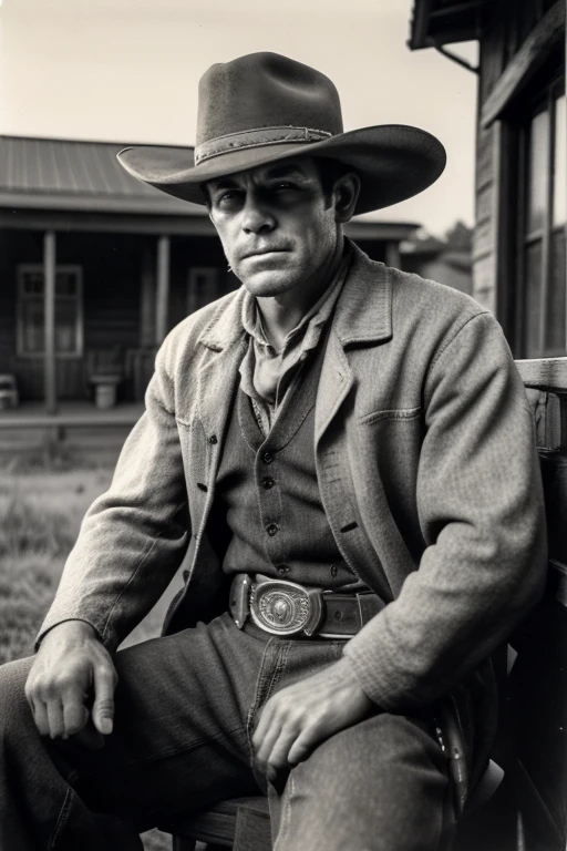 Analog camera, monochrome photography, American, Grainy photo, men&#39;s pictures, vintage photos, vintage images, 22 years old, Wild West Portrait Photography, cowboy male portrait, 破損したGrainy photo, Realistic old photos, realistic, very realistic images, Old portraits, stubble, Cowboy costume, sitting on the fence of the ranch, cowboy shot