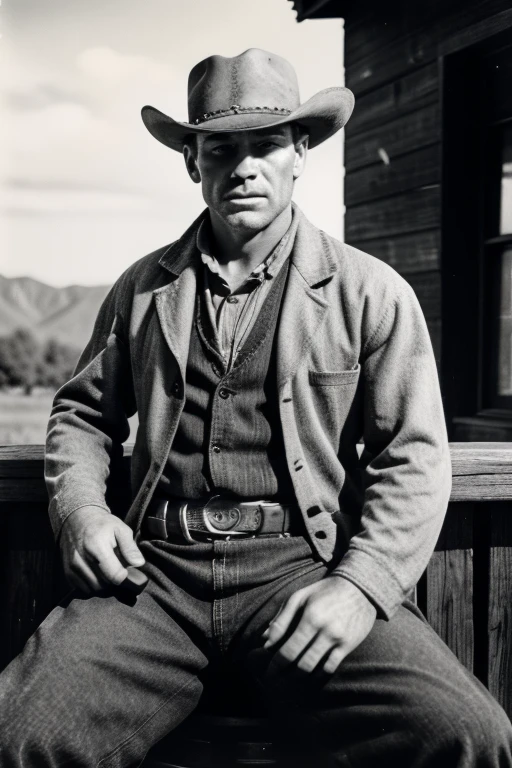 Analog camera, monochrome photography, American, Grainy photo, men&#39;s pictures, vintage photos, vintage images, 22 years old, Wild West Portrait Photography, cowboy male portrait, 破損したGrainy photo, Realistic old photos, realistic, very realistic images, Old portraits, stubble, Cowboy costume, sitting on the fence of the ranch, cowboy shot