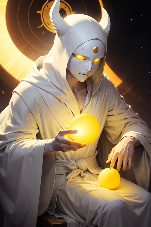 A bright yellow creature, white eyes, mouthless, a deity, wearing a white robe sitting in the void with a sun behind him