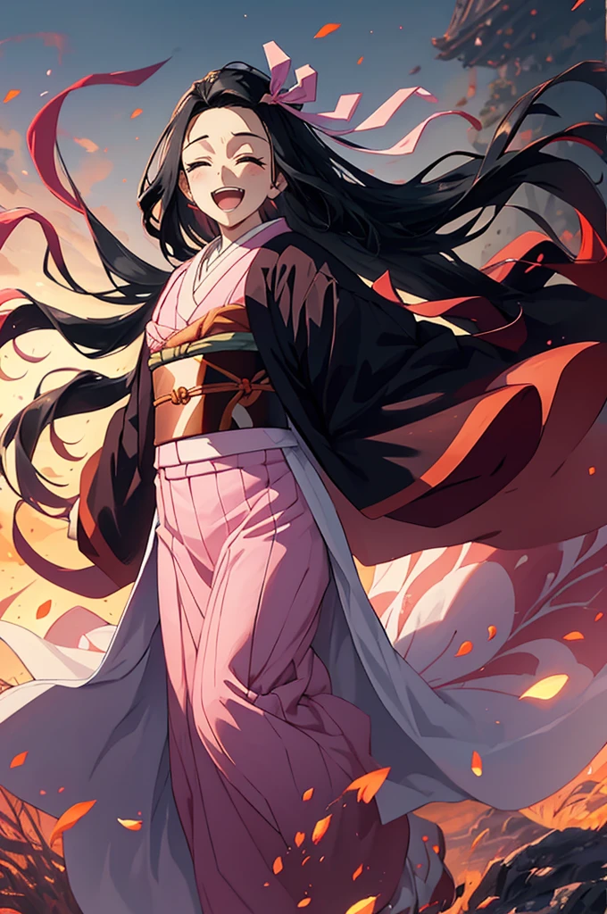 anime, hdr, soft light, ((best quality)), ((masterpiece)), (detailed), nezuko, black hair, forehead, open mouth smiling, eyes closed big fangs, very long hair, hair ribbon, japanese clothes, pink kimono, multicolored hair, pink ribbon, cleavage, standing, destruction, sparks,