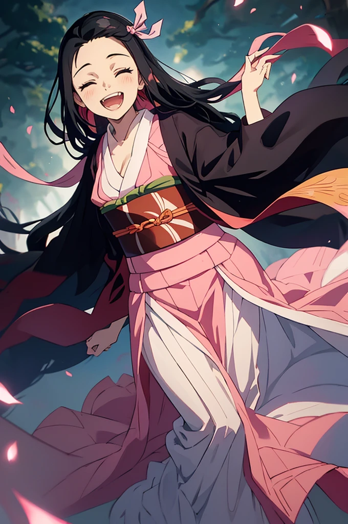 anime, hdr, soft light, ((best quality)), ((masterpiece)), (detailed), nezuko, black hair, forehead, open mouth smiling, eyes closed big fangs, very long hair, hair ribbon, japanese clothes, pink kimono, multicolored hair, pink ribbon, cleavage, standing, destruction, sparks,  