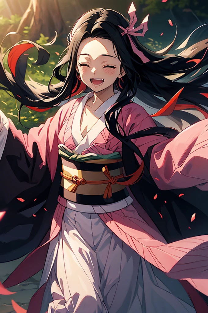 anime, hdr, soft light, ((best quality)), ((masterpiece)), (detailed), nezuko, black hair, forehead, open mouth smiling, eyes closed big fangs, very long hair, hair ribbon, japanese clothes, pink kimono, multicolored hair, pink ribbon, cleavage, standing, destruction, sparks,  