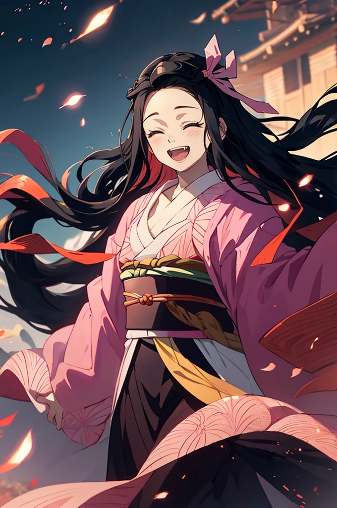 anime, hdr, soft light, ((best quality)), ((masterpiece)), (detailed), nezuko, black hair, forehead, open mouth smiling, eyes closed big fangs, very long hair, hair ribbon, japanese clothes, pink kimono, multicolored hair, pink ribbon, cleavage, standing, destruction, sparks,  