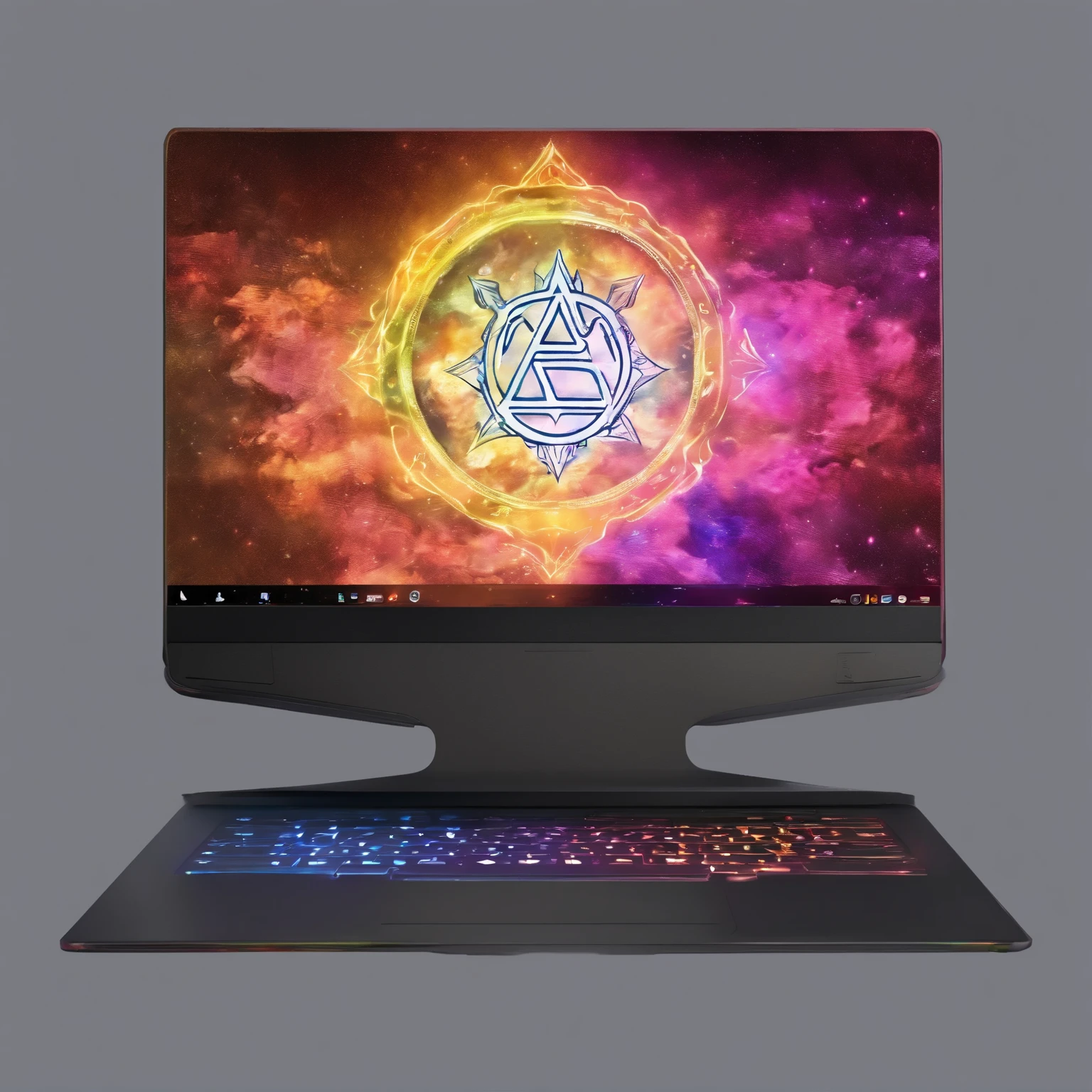 (Best quality,4K,8K,A high resolution,Masterpiece:1.2),Ultra-detailed,(Realistic,Photorealistic,photo-realistic:1.37), 8k laptop render, multiple ports at the front, a gaming laptop, custom laptop, glowing rune symbols on the left and the right of the trackpad detachable screen, rune letters on the side of the laptop, full view, laptop made of magical iron, rune markings on the body of the laptop, RGB lights, colorful lights full device, big laptop, sci-fi laptop, futuristic laptop, fantasy laptop, magical laptop