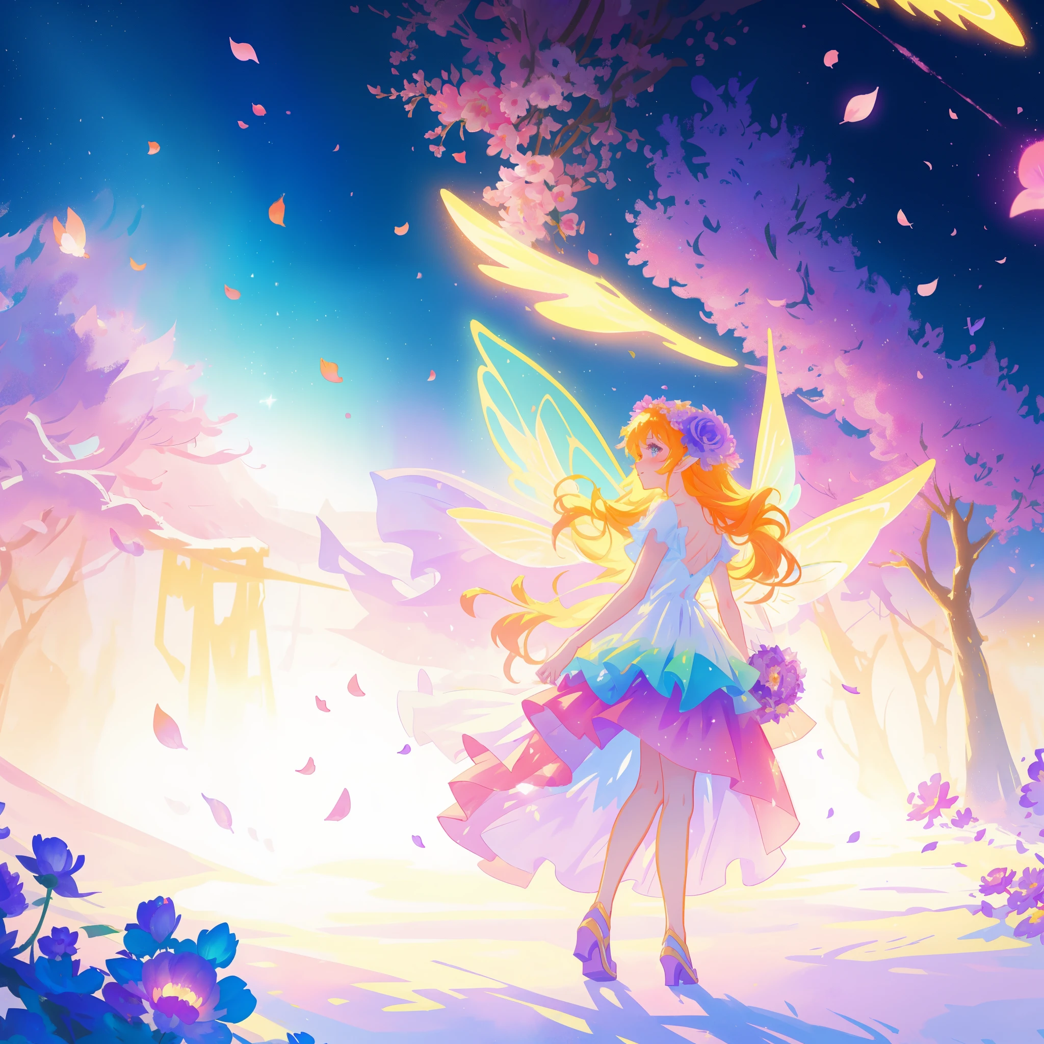 beautiful girl in tiered gradient ballgown dress, gradient colorful dress, ((layered flower petal skirt)), fairy dress, fairy queen, magical fantasia background, (glowing fairy wings), glowing flowing ballgown, long wavy hair, sparkling fairy wings, watercolor illustration, inspired by Glen Keane, inspired by Lois van Baarle, disney art style, jen bartel, beautiful digital illustration, beautiful, masterpiece, best quality, anime disney style