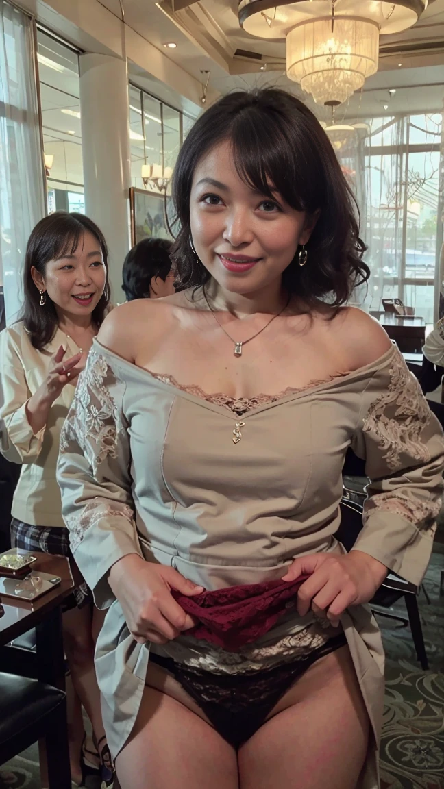 （Highest image quality、highest quality、highest resolution、masterpiece、detailed、real photos）、Beautiful and sexy 65 years old、((light brown long curly hair))、laughing、((Beautiful makeup with very dark eyes))、bright red lipstick、necklace、Larger earrings、ring、(Quite lean body)、((It's a full-body shot))、Fashion colors are calm colors、(Quite small:1.3)、(small lace bra and small lace panties)、Patterned blouse、mini skirt、high heels、Shoulder bag、(They are standing and chatting happily in the lounge of a luxury hotel.)、((skirt lift))