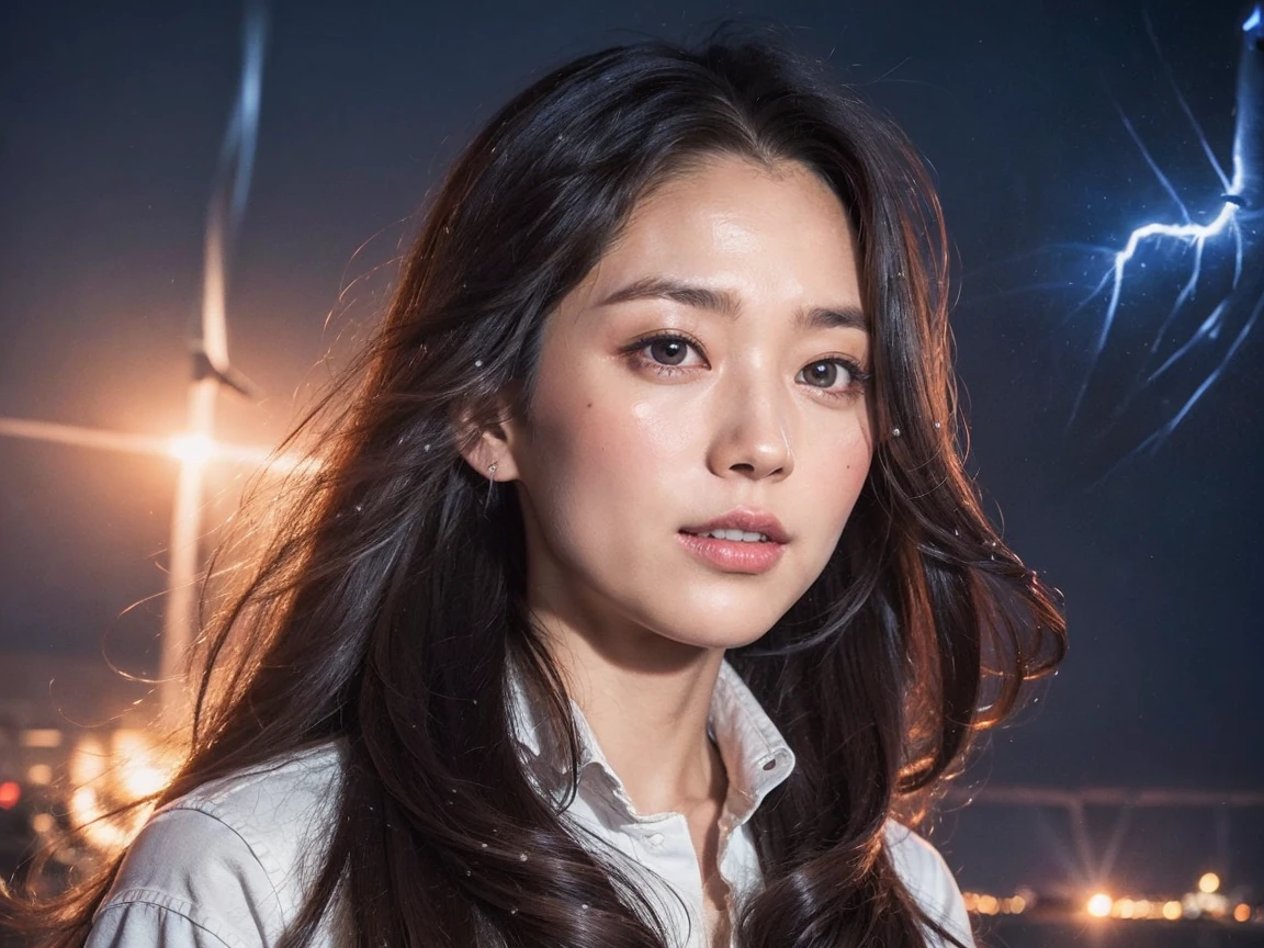 8K, highest quality, masterpiece, realistic, ultra detail, photograph, HDR, High resolution, cinematic light, official art, High resolution, Depth of written boundary,((get off the gangway)), beautiful feet, cute face, smile, beautiful and fine eyes, 20-year-old, medium long hair,universe,cloudy sky、Starlight、thunder、lightning、 (Wind:1.8),