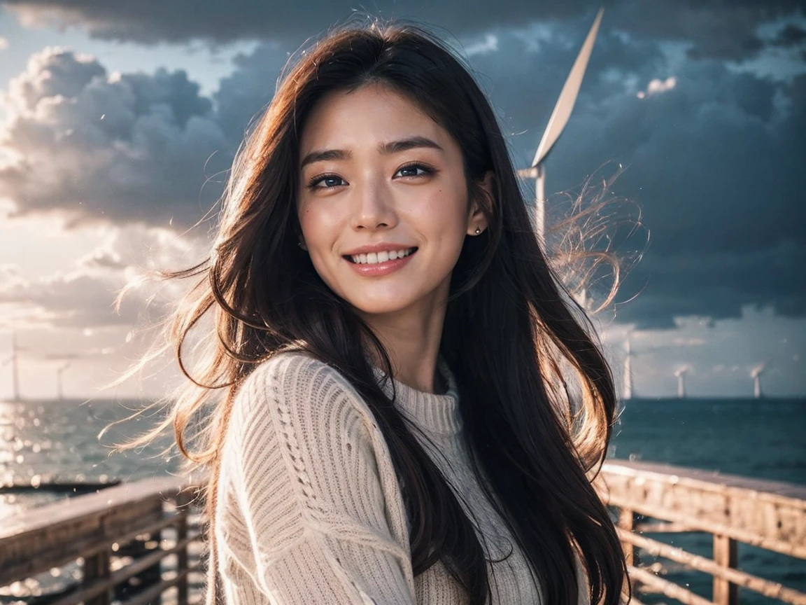 8K, highest quality, masterpiece, realistic, ultra detail,  photograph, HDR, High resolution, cinematic light, official art, High resolution, Depth of written boundary,((get off the gangway)), beautiful feet, cute face, smile, beautiful and fine eyes, 20-year-old, medium long hair,universe,cloudy sky、Starlight、thunder、lightning、 (Wind:1.8),