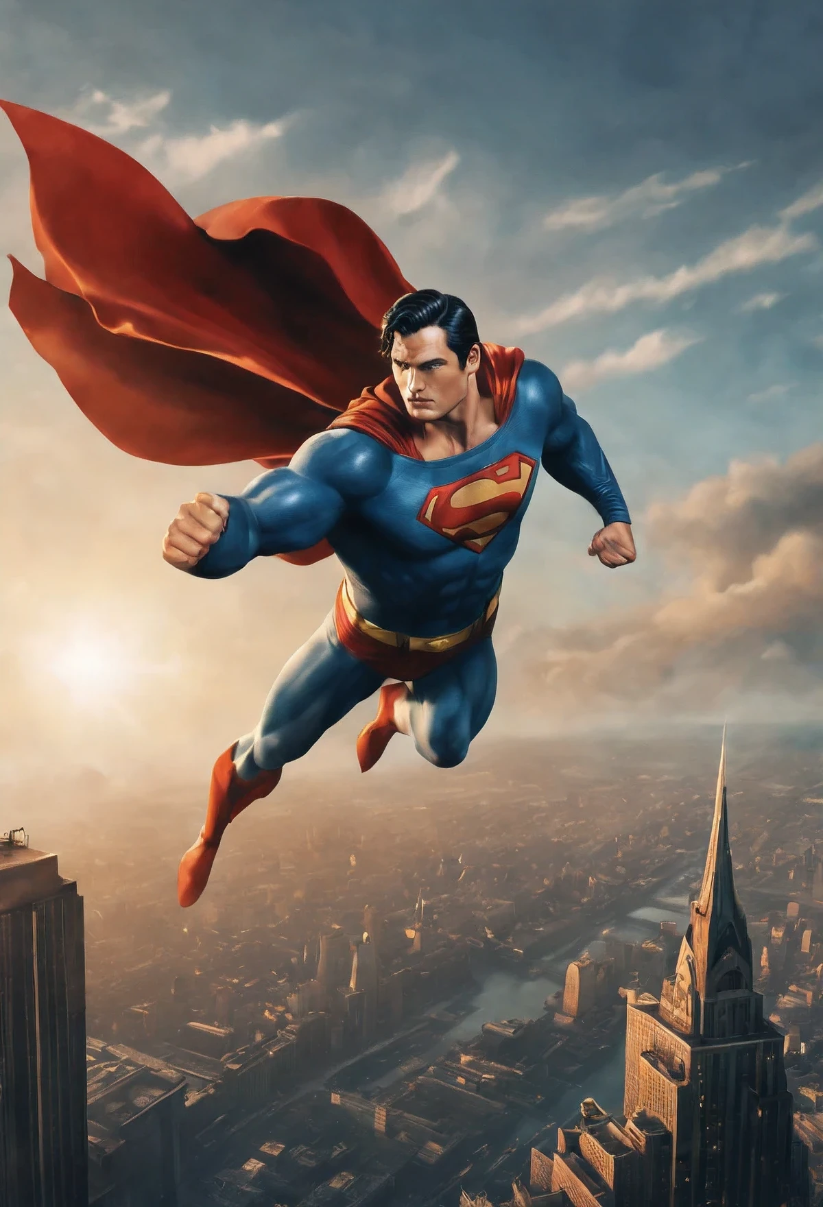 (best quality,4k,8k,highres,masterpiece:1.2),ultra-detailed,(realistic,photorealistic,photo-realistic:1.37),oil painting,Superman,flying in the sky,strength,heroic pose,vibrant colors,dynamic brushwork,highlights and shadows,metropolis skyline in the background,caped crusader,great power and responsibility,traditional art style,aurora borealis,surreal atmosphere,incredible strength,ripped muscles,rippling cape,emblem on the chest,straight, flowing hair,serious expression,dramatic lighting,grandiosity,explosive energy,superhuman strength,determination,golden sunbeam,sky-high altitude,powerful superhero,transcendent,superhuman abilities,defender of justice,parental figure,unyielding spirit,indomitable will,crime-fighting vigilante,legendary icon.