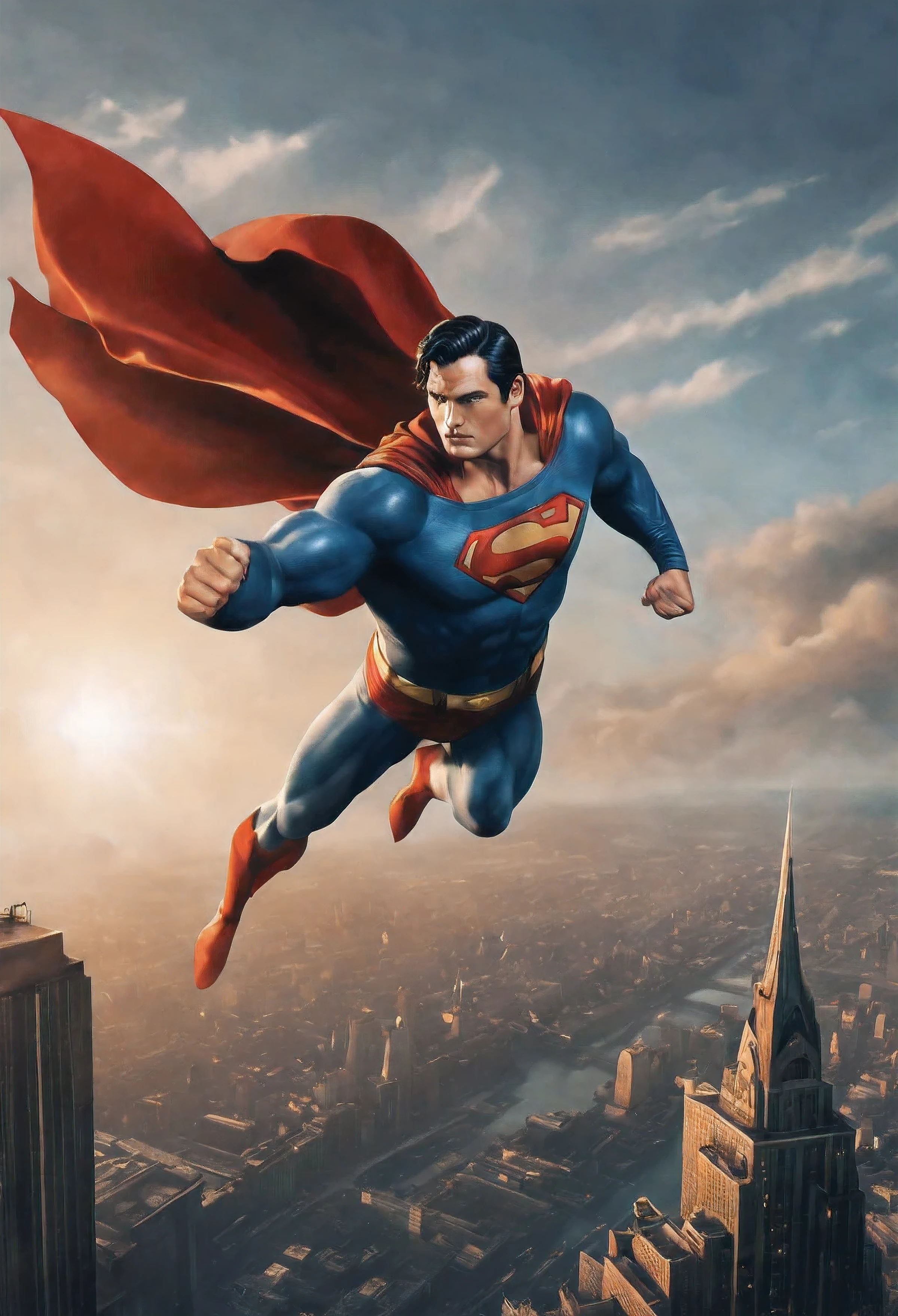 (best quality,4k,8k,highres,masterpiece:1.2),ultra-detailed,(realistic,photorealistic,photo-realistic:1.37),oil painting,Superman,flying in the sky,strength,heroic pose,vibrant colors,dynamic brushwork,highlights and shadows,metropolis skyline in the background,caped crusader,great power and responsibility,traditional art style,aurora borealis,surreal atmosphere,incredible strength,ripped muscles,rippling cape,emblem on the chest,straight, flowing hair,serious expression,dramatic lighting,grandiosity,explosive energy,superhuman strength,determination,golden sunbeam,sky-high altitude,powerful superhero,transcendent,superhuman abilities,defender of justice,parental figure,unyielding spirit,indomitable will,crime-fighting vigilante,legendary icon.