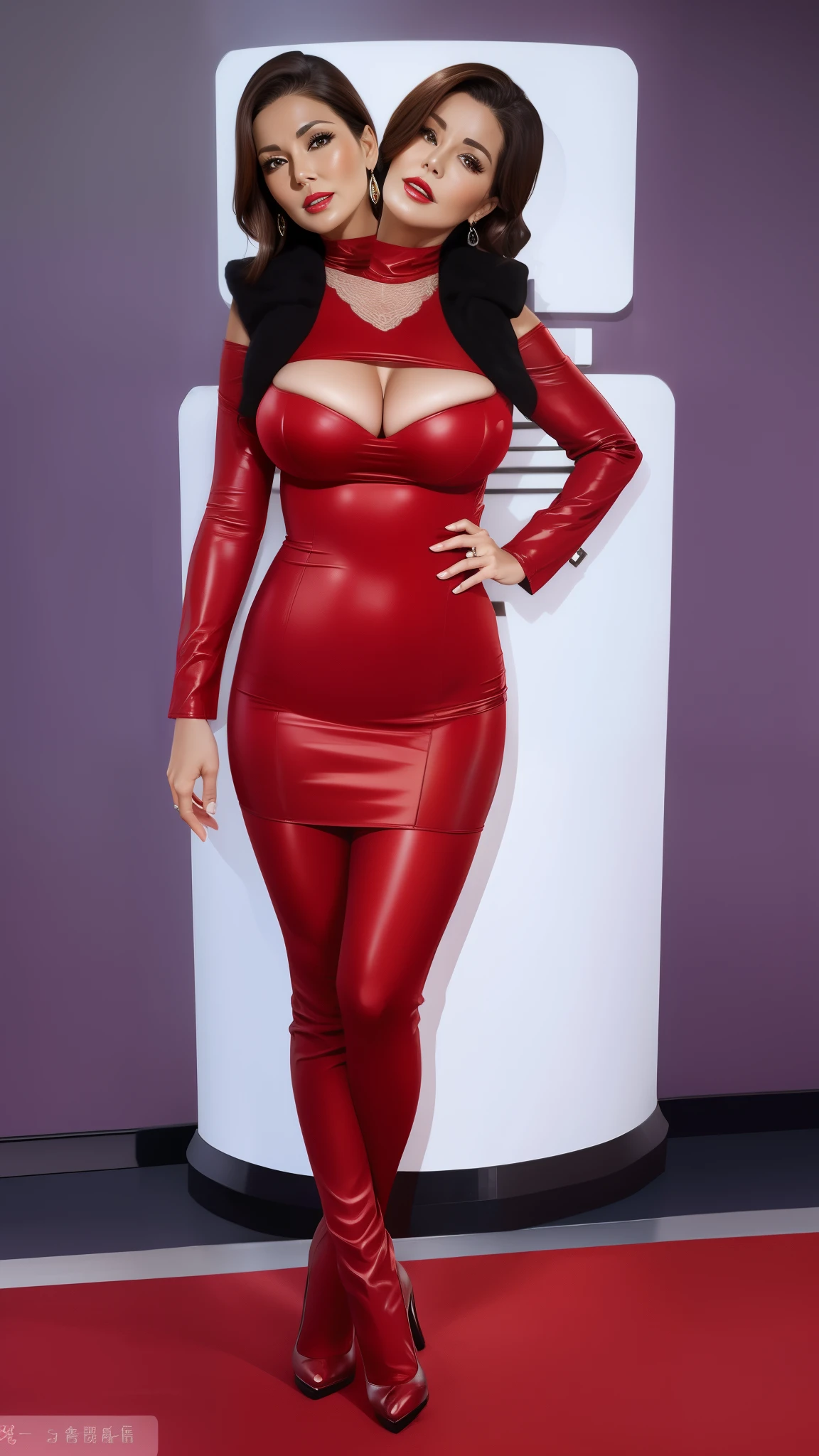 2 heads,Photo of a 50-year-old woman with brown hair, captivating gaze, brown eyes, Wrinkles on her face, black pantyhose,Black High Heel Boots,She wears very sexy lingerie underwear、、Revealing her large sagging breasts, Light makeup and red lips. 32K