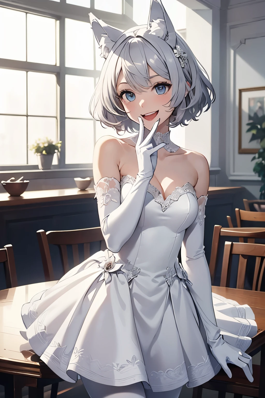 table top High level image quality best image quality 8K lady(I) portrait long gloves((white gloves)(long gloves)(Elbow)) white pantyhose((blanche)) Wedding dress((No sleeve)(Tube top)(blanche)(frills)) wolf ears short hair((shortcut)(gray hair)(perm)(fluffy)) eye color is blue laughter((open your mouth)(smile)