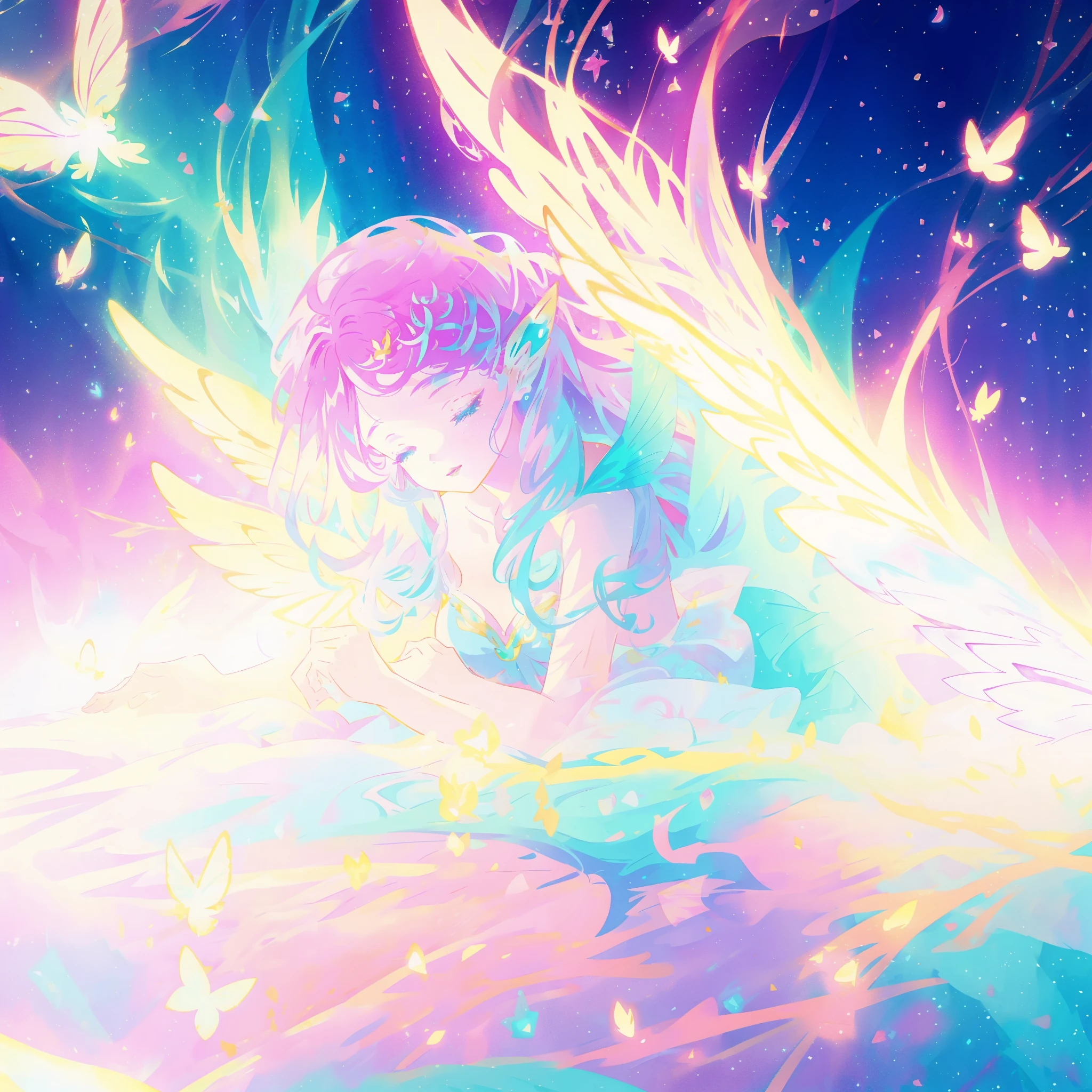 close up of a beautiful fairy girl, gradient colorful dress, fairy queen, magical fantasia background, (glowing fairy wings), long wavy hair, sparkling fairy wings, watercolor illustration, inspired by Glen Keane, inspired by Lois van Baarle, disney art style, jen bartel, beautiful digital illustration, beautiful, masterpiece, best quality, anime disney style