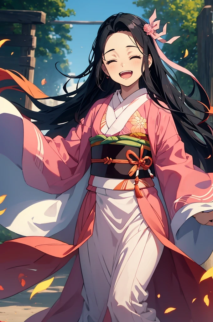 anime, hdr, soft light, ((best quality)), ((masterpiece)), (detailed), nezuko, black hair, forehead, open mouth smiling, eyes closed big fangs, very long hair, hair ribbon, japanese clothes, pink kimono, multicolored hair, pink ribbon, cleavage, standing, destruction, sparks,  
