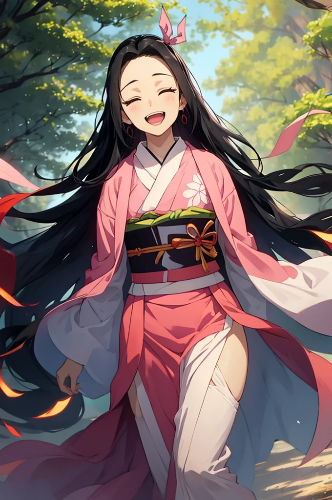 anime, hdr, soft light, ((best quality)), ((masterpiece)), (detailed), nezuko, black hair, forehead, open mouth smiling, eyes closed big fangs, very long hair, hair ribbon, japanese clothes, pink kimono, multicolored hair, pink ribbon, cleavage, standing, destruction, sparks,