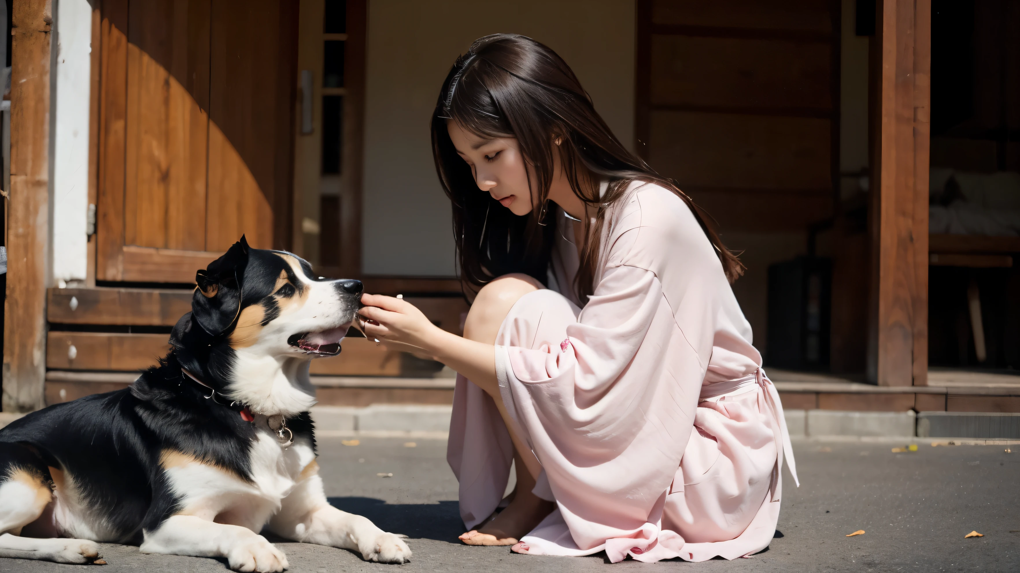 araffe sitting on the floor with a dog and a woman petting it, with dogs, pet animal, sha xi, photoshoot, holding paws, lady, cute woman, li zixin, handsome girl, subject: dog, canine, fluffy, interesting angle, photo taken with nikon d750, photo taken with nikon d 7 5 0, wolf like a human