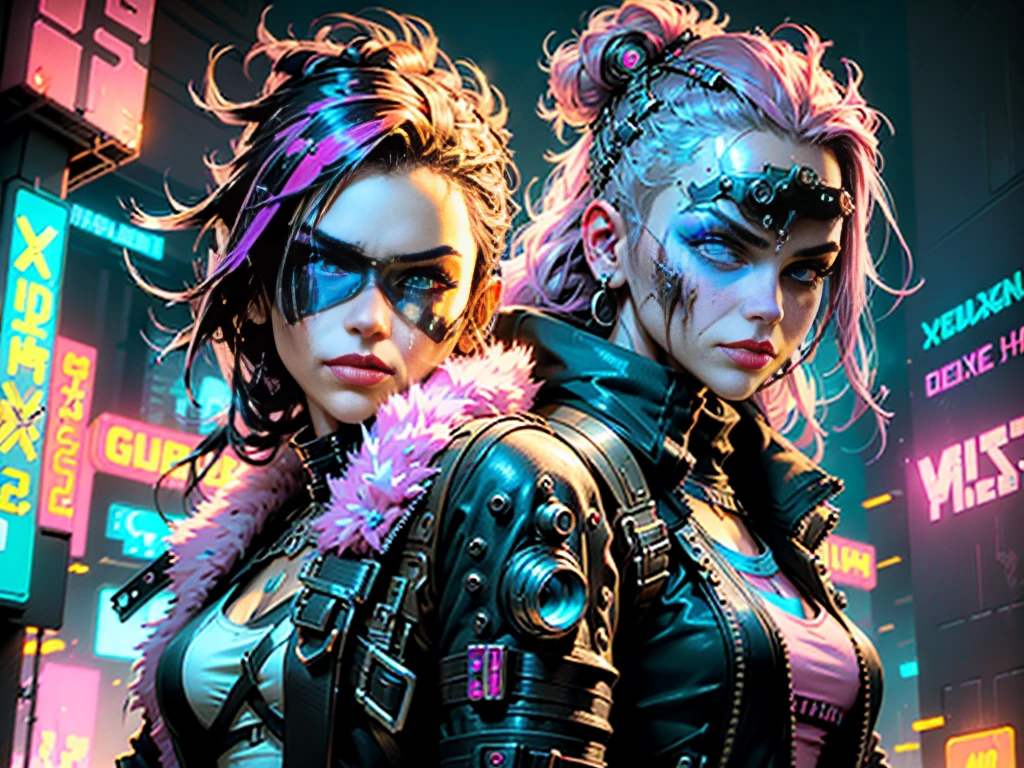 ((best quality)), ((masterpiece)), (highly detailed:1.3), 3D, Beautiful (cyberpunk:1.3) Beautiful woman with wavy and voluminous hair modern style VERY DETAILED AND BRIGHT,((with weapons in her hands )), (((futuristic mad max movie style backdrop))), (((at night pink and cyan neon lighting)))