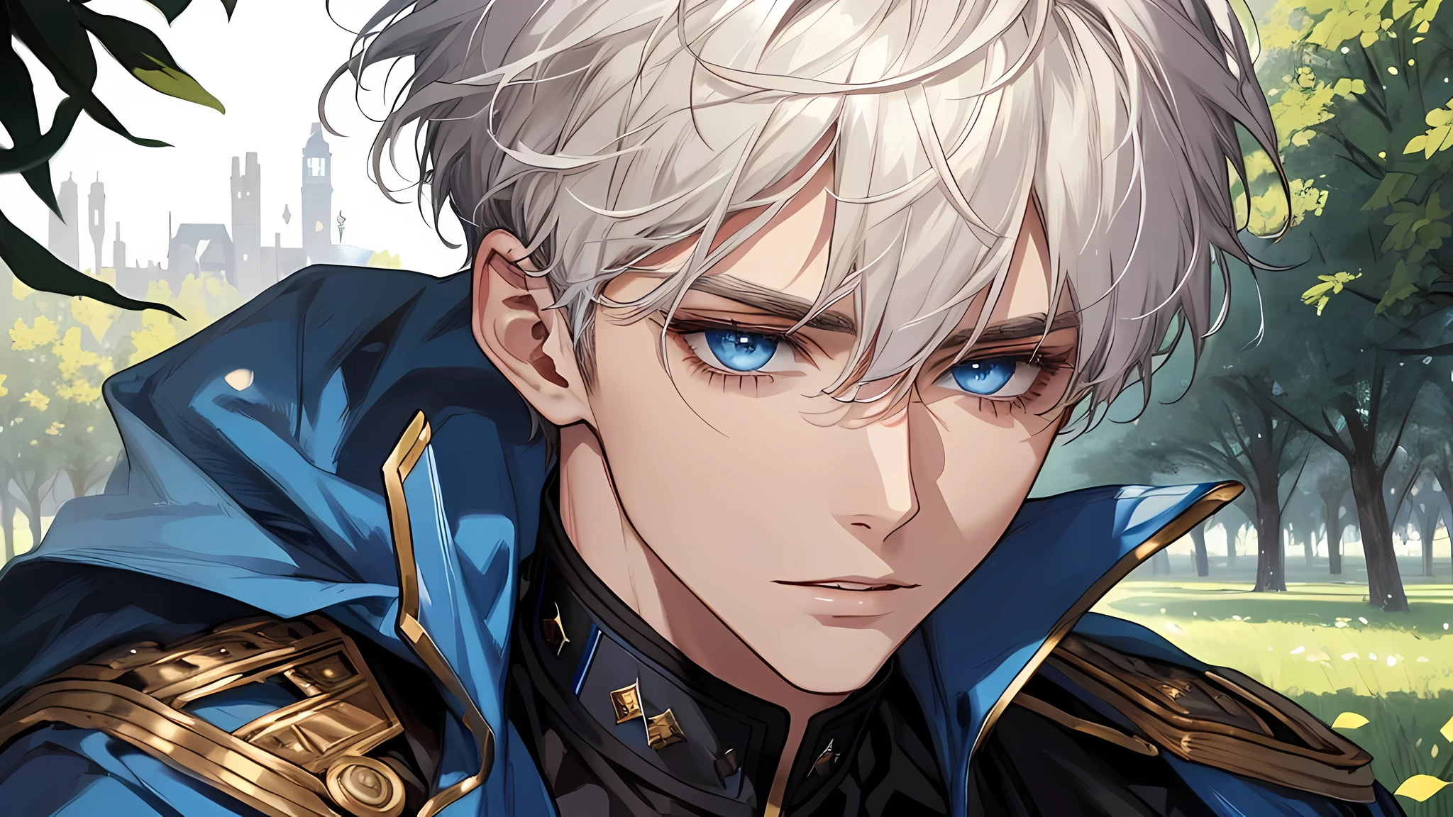 handsome young prince, short white hair with white strands, blue eyes, white officer's uniform, in a small field, detailed face, detailed eyes, detailed lips. medieval times