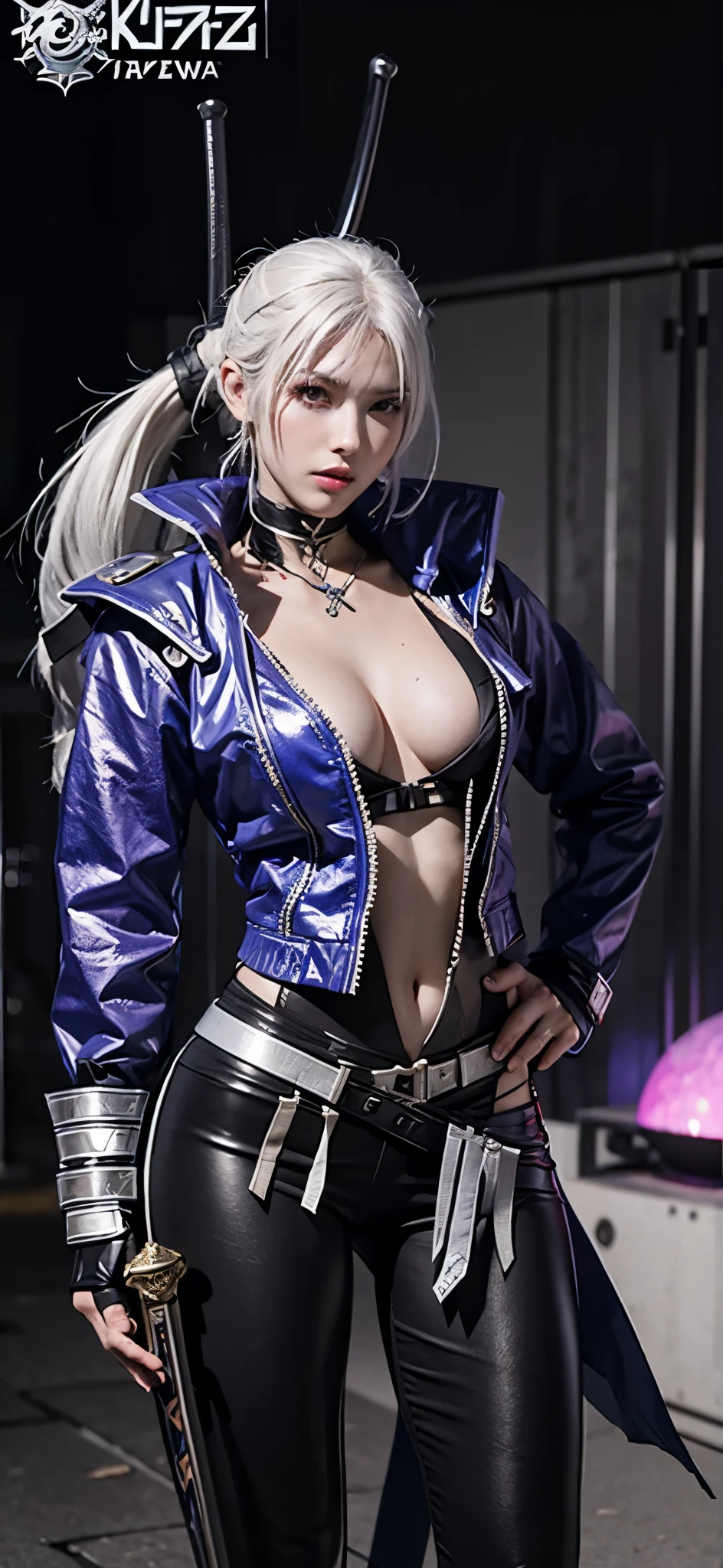 a close up of a person in a costume with a sword, as a character in tekken, female character, tifa lockhart with white hair, katana zero video game character, lunar themed attire, kda, slim body, cyborg - girl with silver hair, upper body avatar, fashion gameplay screenshot, fighting game character, new character, floralpunk elysian maiden, sigma female