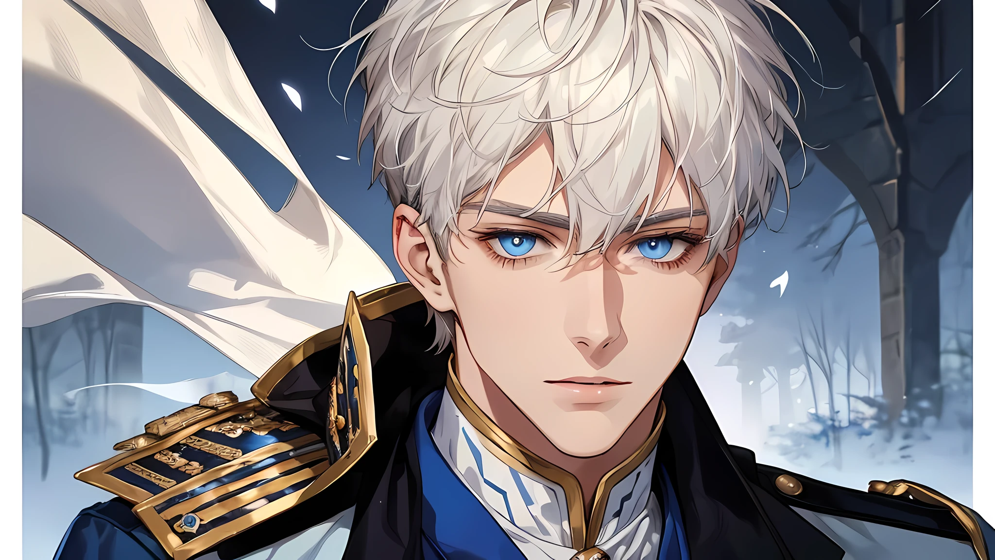 handsome young prince, short white hair with white strands, blue eyes, white officer's uniform, in a small field, detailed face, detailed eyes, detailed lips. medieval times