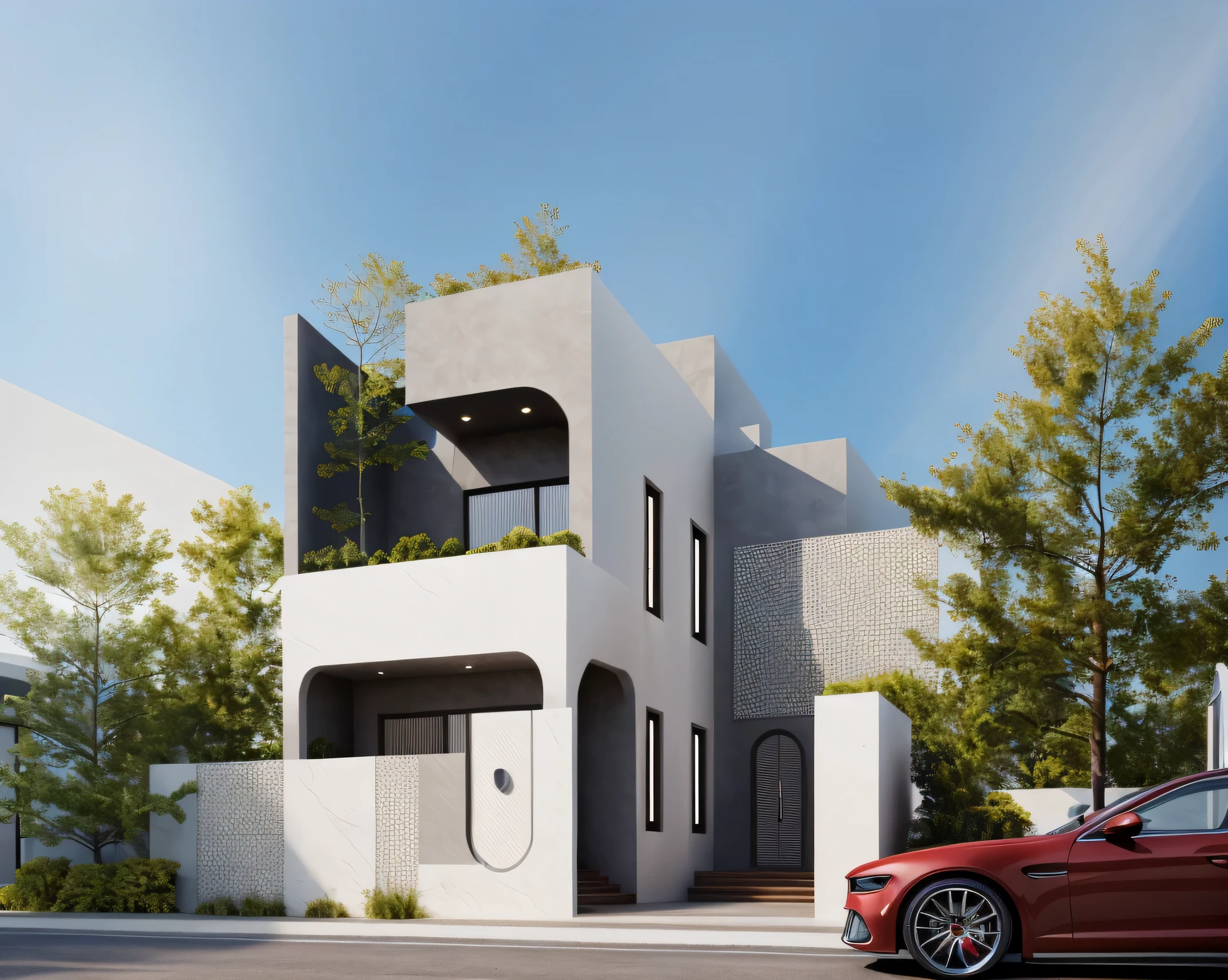 dehors, Maison moderne, coucher de soleil , (Photo brute, real, best quality, chef-d'ouvrages d'art:1.2), avoir l'air moderne et minimaliste, 1 route devant la maison, anneau lumineux Shime, Light brightness'interior:1.2, dynamic lighting:1.3, (hyper realistic, photo-realistic:1.2)